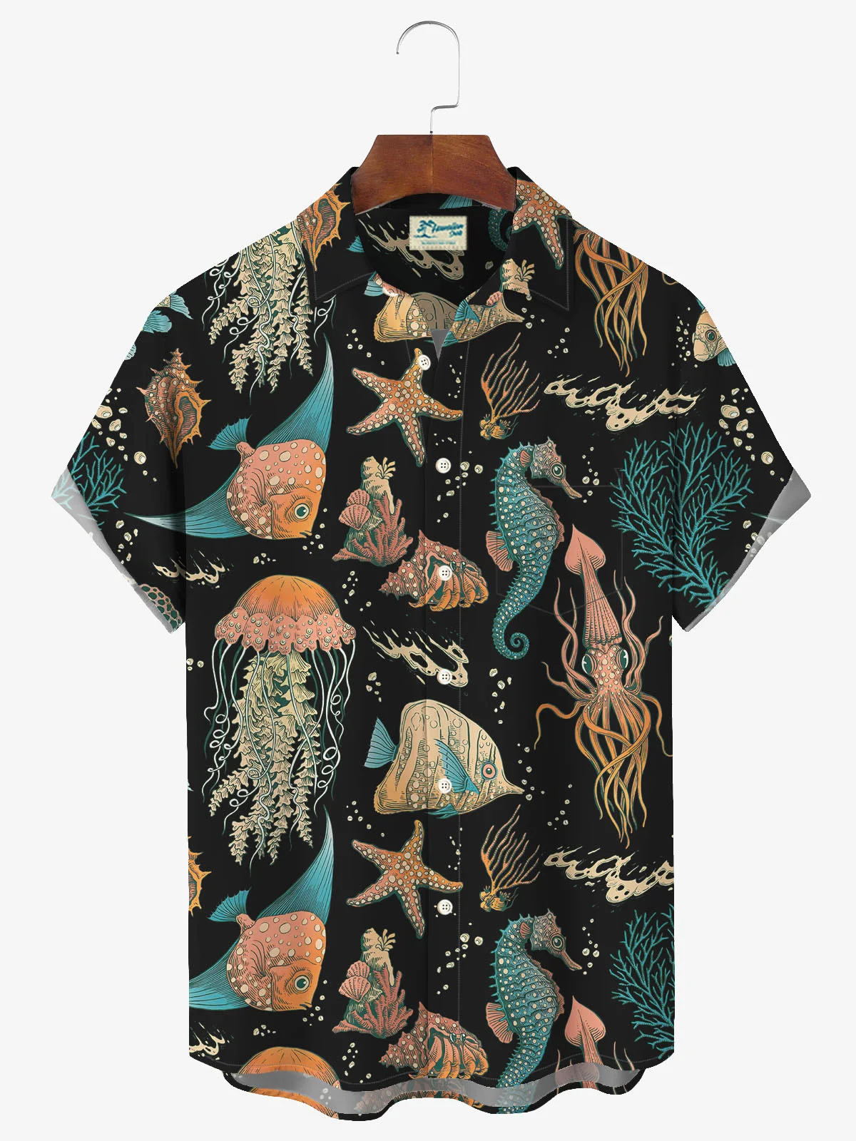 Royaura Hawaiian Seahorse Sea Life Print Men's Button Pocket Shirt