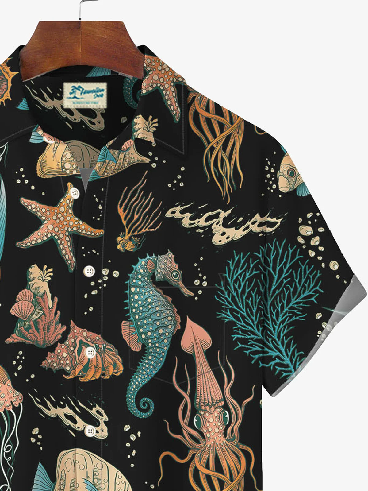 Royaura Hawaiian Seahorse Sea Life Print Men's Button Pocket Shirt