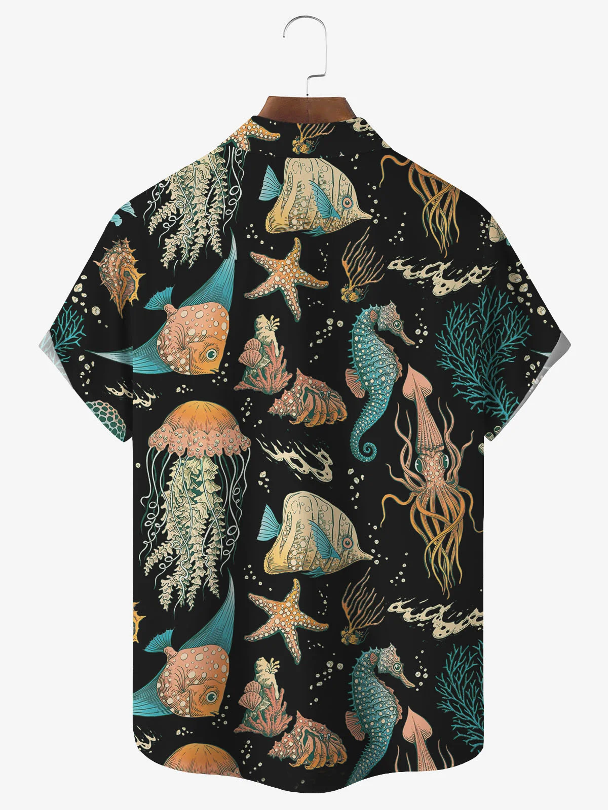Royaura Hawaiian Seahorse Sea Life Print Men's Button Pocket Shirt