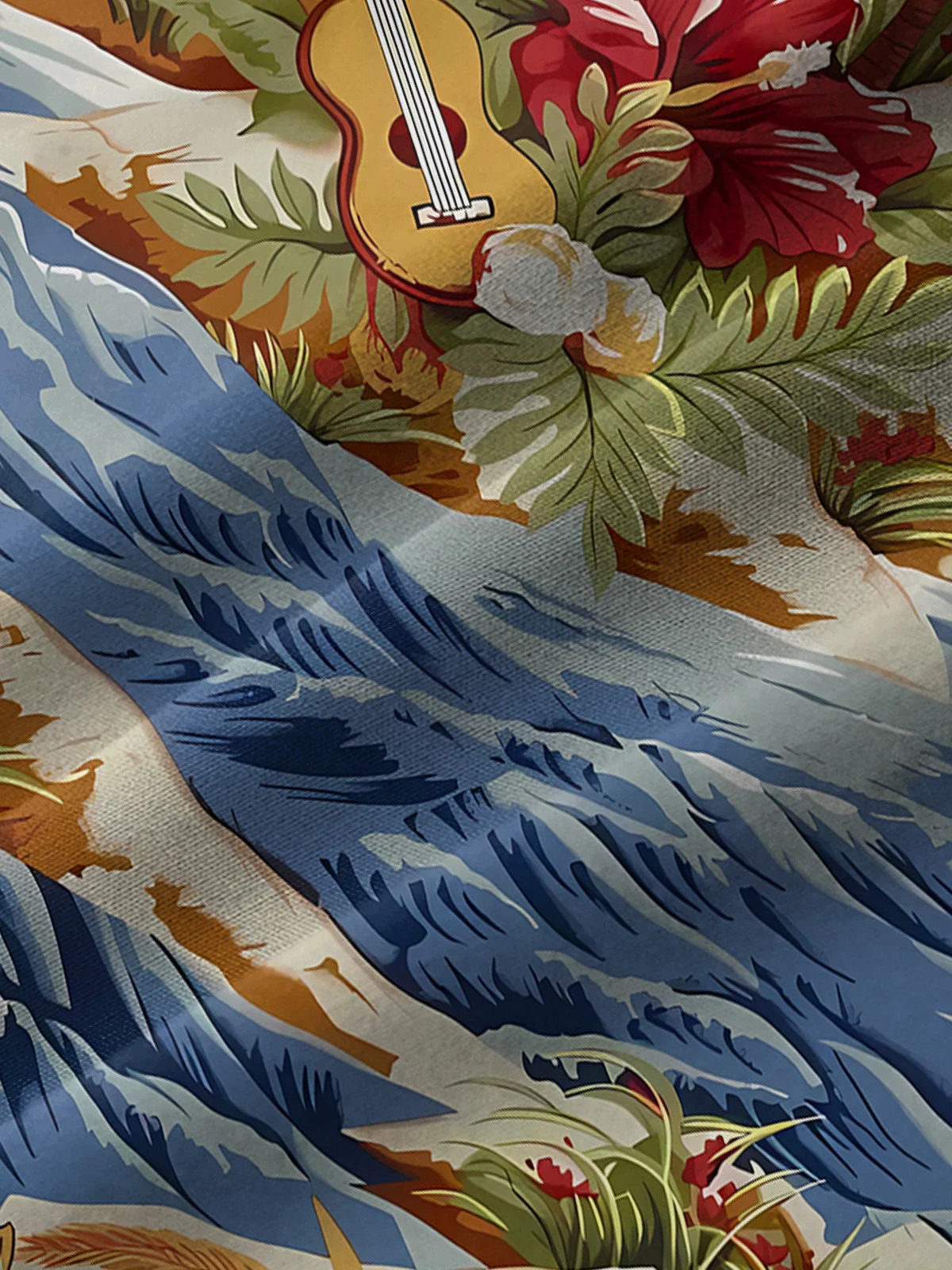 Royaura Beach Vacation Blue Men's Hawaiian Shirts Island Music Coconut Tree Guitar Cartoon Ocean Wave Art Plus Size Aloha Camp Pocket Shirts