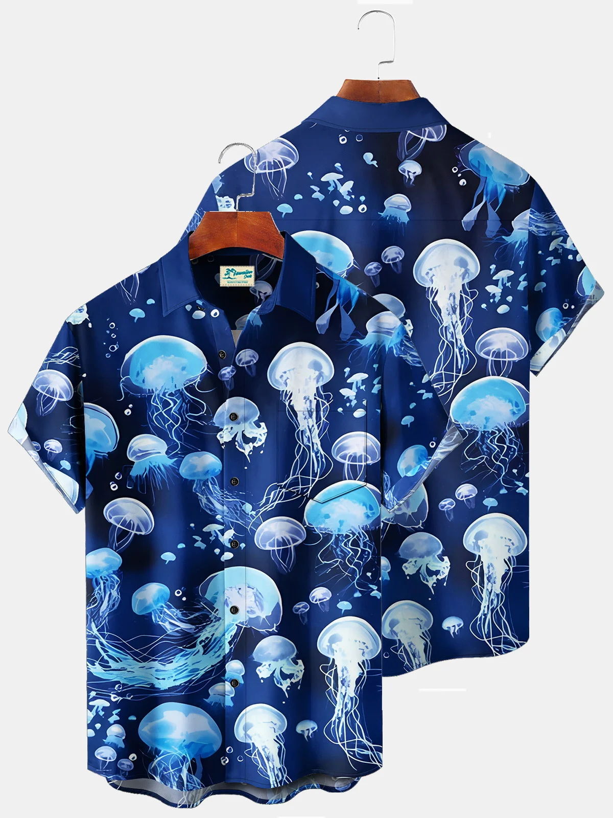 Royaura Beach Vacation Dark Blue Men's Hawaiian Shirts Ocean Art Jellyfish Plus Size Aloha Camp Pocket Shirts