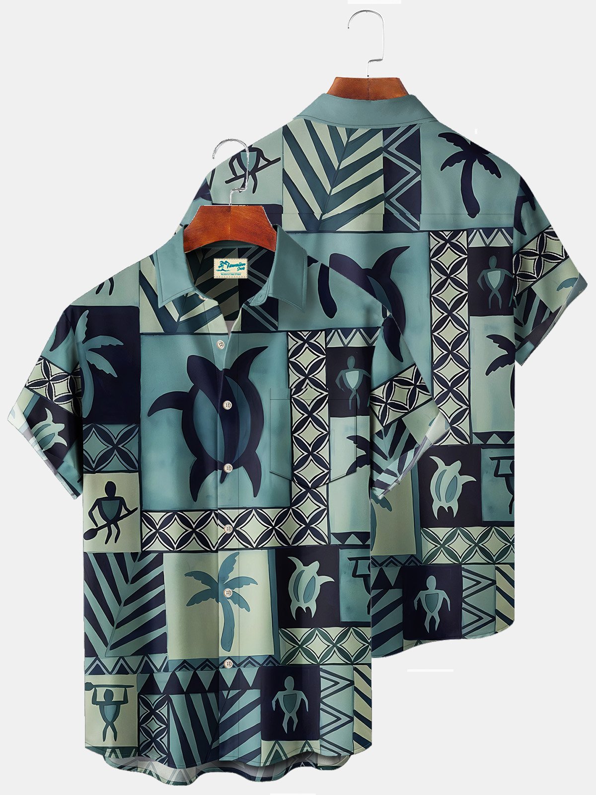 Royaura Beach Vacation Men's Green Hawaiian Shirts Sea Turtle TIKI Totem Art Stretch Plus Size Aloha Pocket Camp Shirts