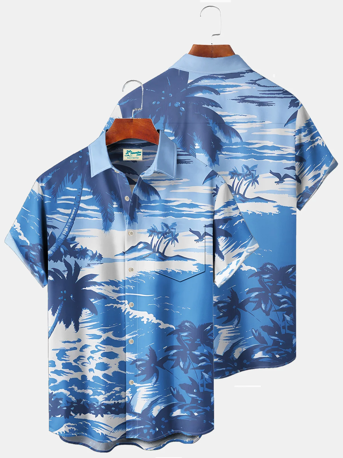 Royaura Beach Vacation Men's Blue Hawaiian Shirts Coconut Tree Stretch Plus Size Aloha Camp Pocket Shirts