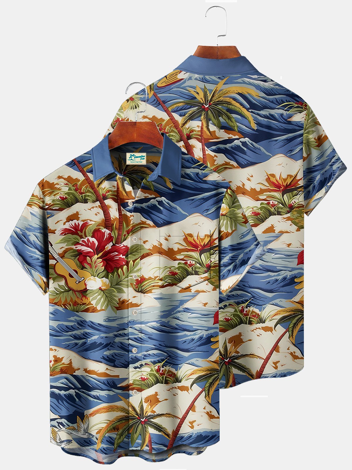 Royaura Beach Vacation Blue Men's Hawaiian Shirts Island Music Coconut Tree Guitar Cartoon Ocean Wave Art Plus Size Aloha Camp Pocket Shirts