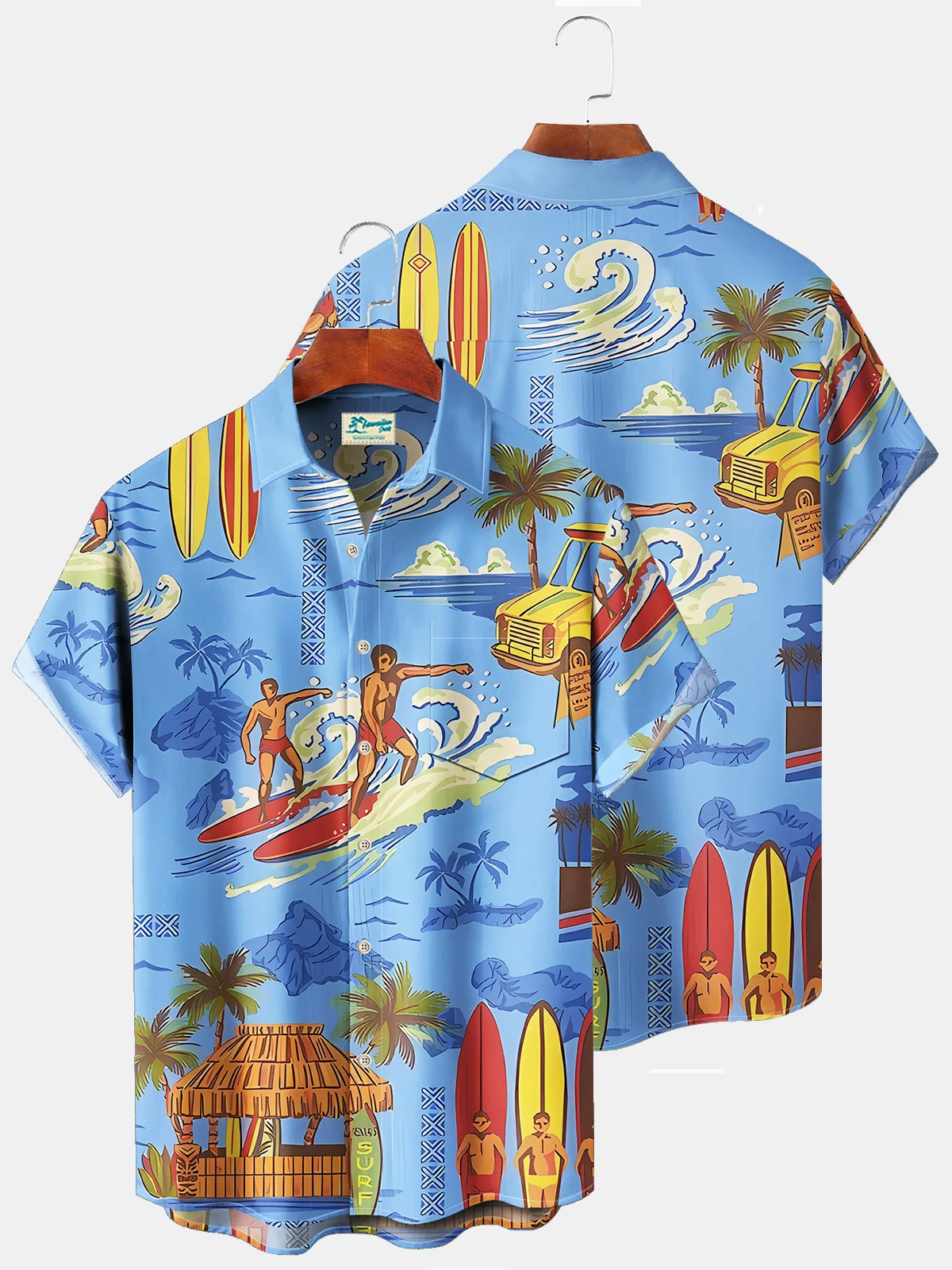 Royaura Beach Vacation Men's Light Blue Hawaiian Shirts Island Cartoon Surf Sports Stretch Plus Size Aloha Camp Pocket Shirts