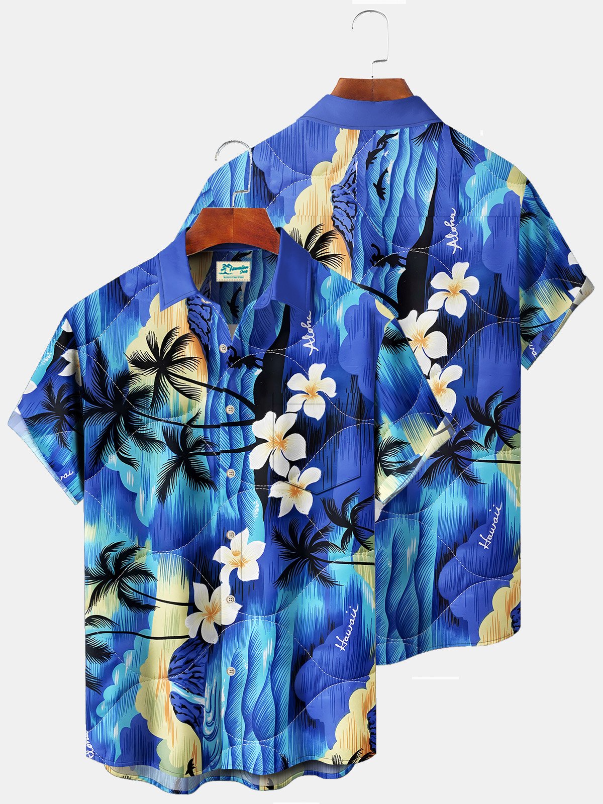 Royaura Beach Vacation Men's Blue Hawaiian Shirts Frangipani Art Stretch Plus Size Aloha Casual Camp Pocket Shirts