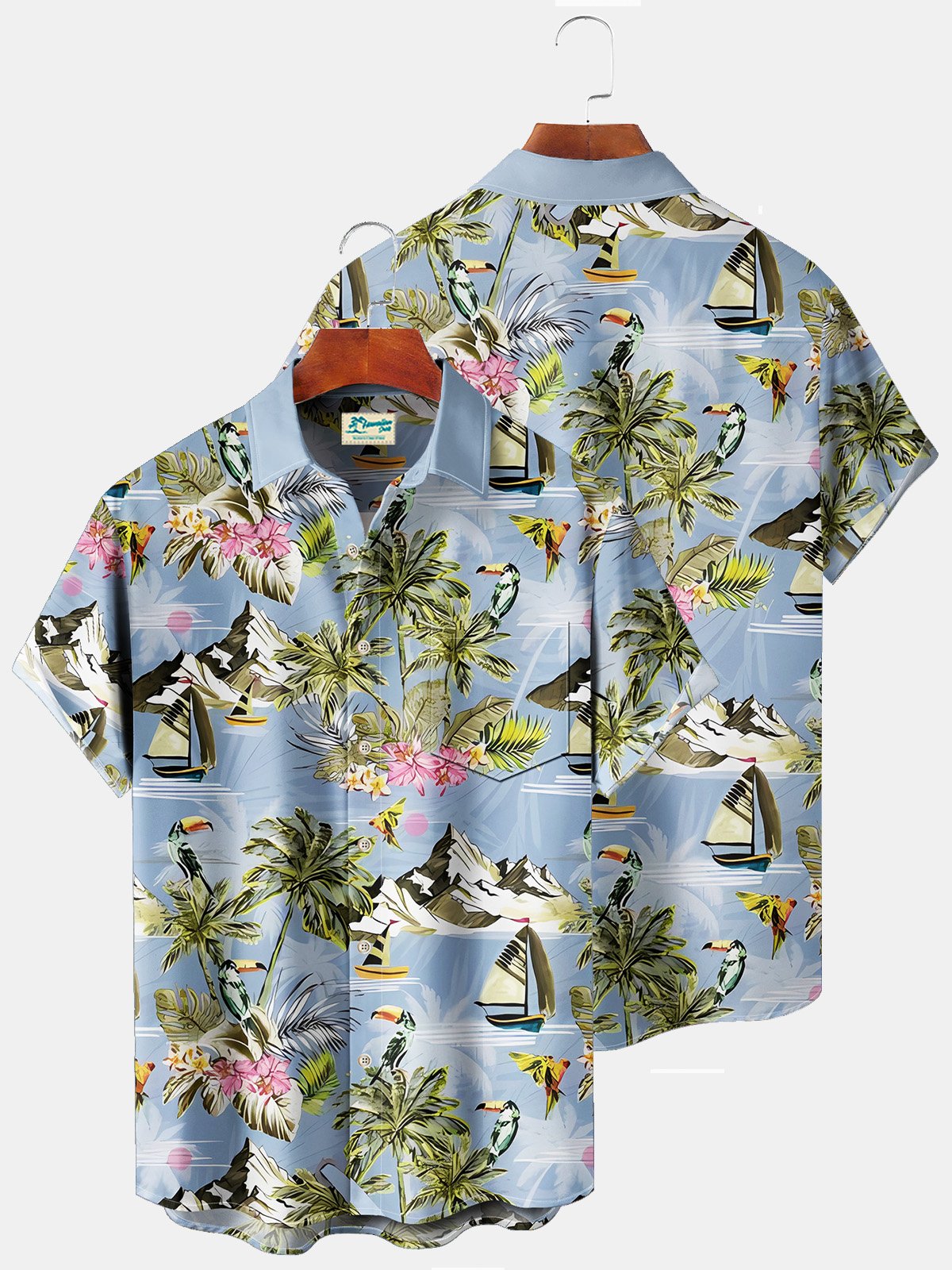 Royaura Beach Vacation Light Blue Men's Hawaiian Shirts Island Sailing Coconut Tree Cartoon Art Plus Size Aloha Camp Pocket Shirt