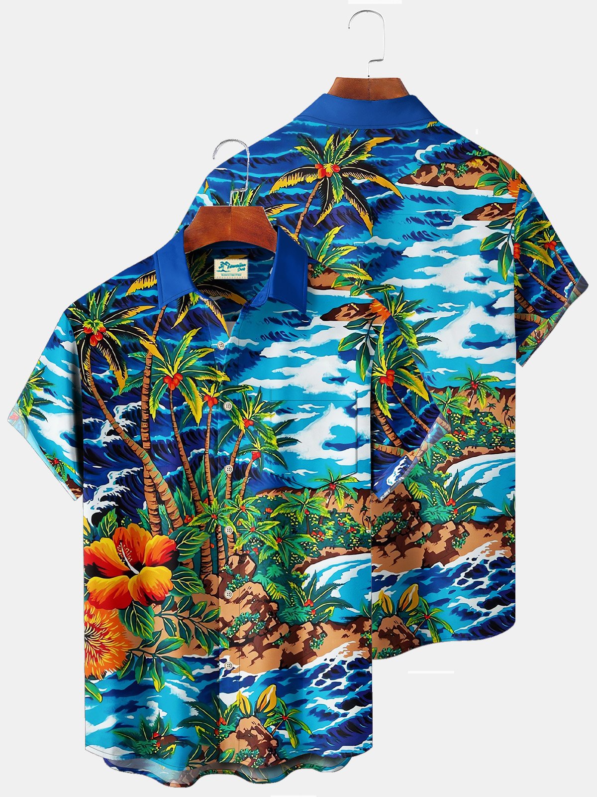 Royaura Beach Vacation Blue Men's Hawaiian Shirt Coconut Tree Stretch Plus Size Aloha Camp Pocket Shirts