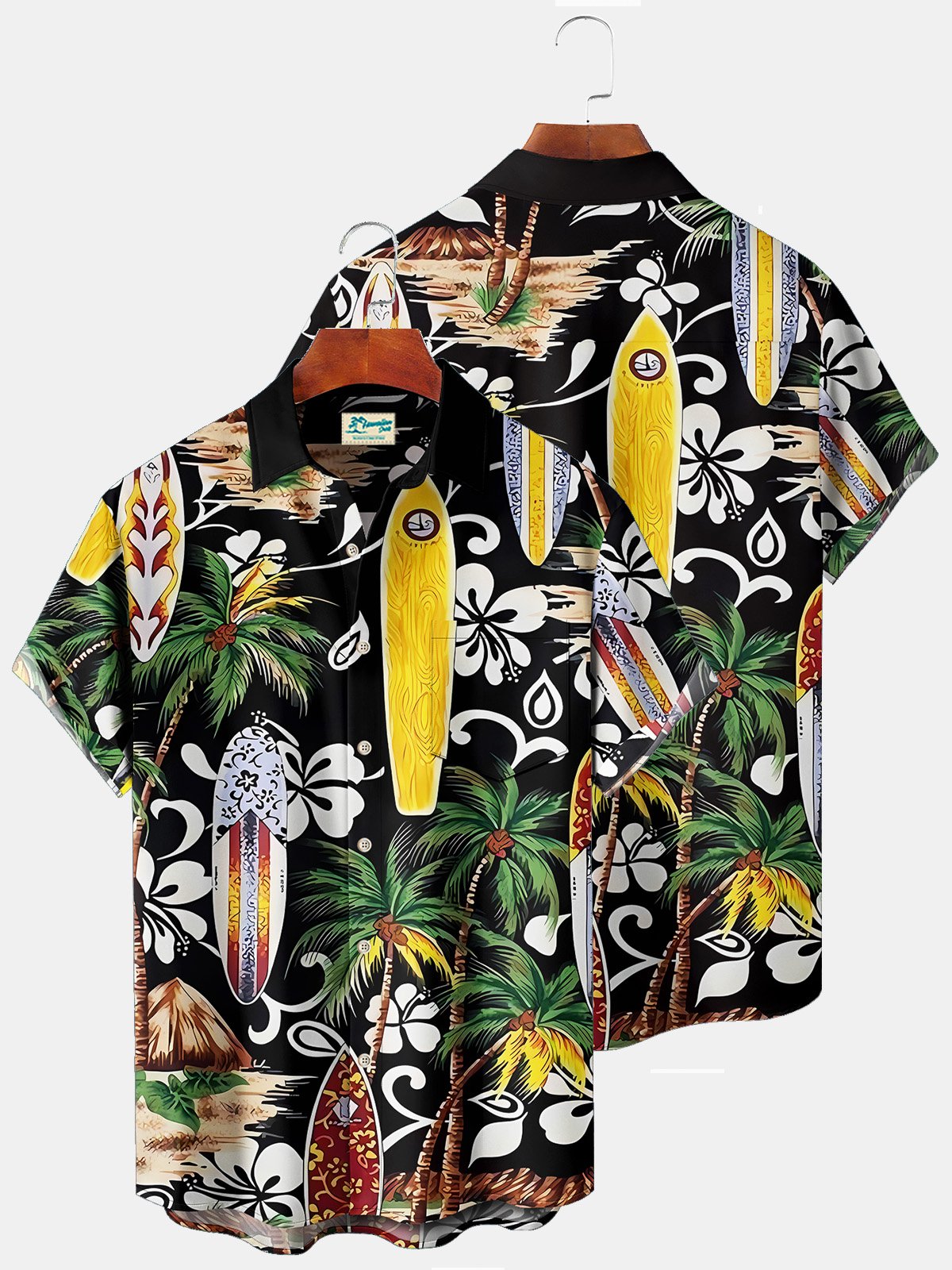 Royaura Beach Vacation Men's Black Hawaiian Shirts Coconut Tree Surfboard Art Stretch Plus Size Aloha Casual Camp Pocket Shirts