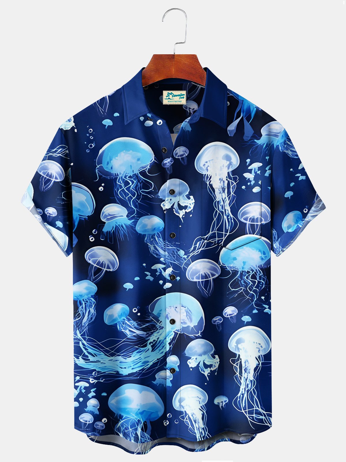 Royaura Beach Vacation Dark Blue Men's Hawaiian Shirts Ocean Art Jellyfish Plus Size Aloha Camp Pocket Shirts