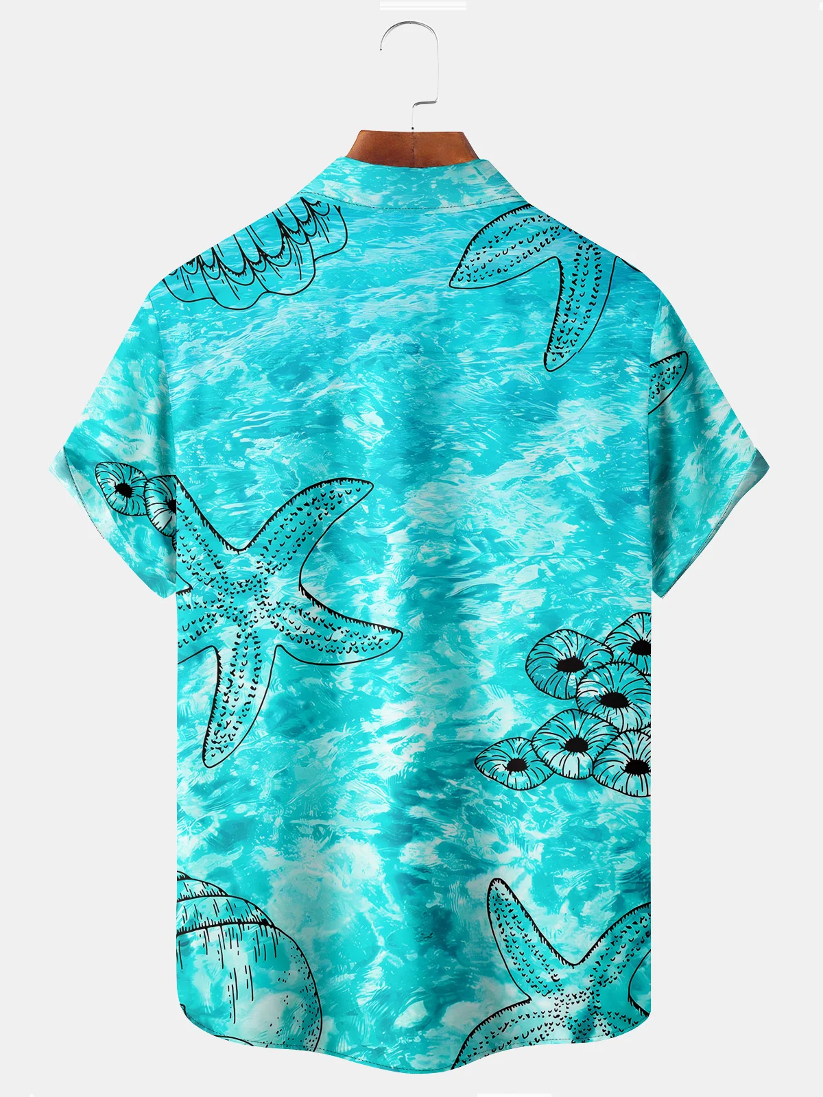 Royaura Beach Vacation Light Green Men's Hawaiian Shirts Pool Water Ripple Starfish Art Large Size Aloha Camp Pocket Shirts