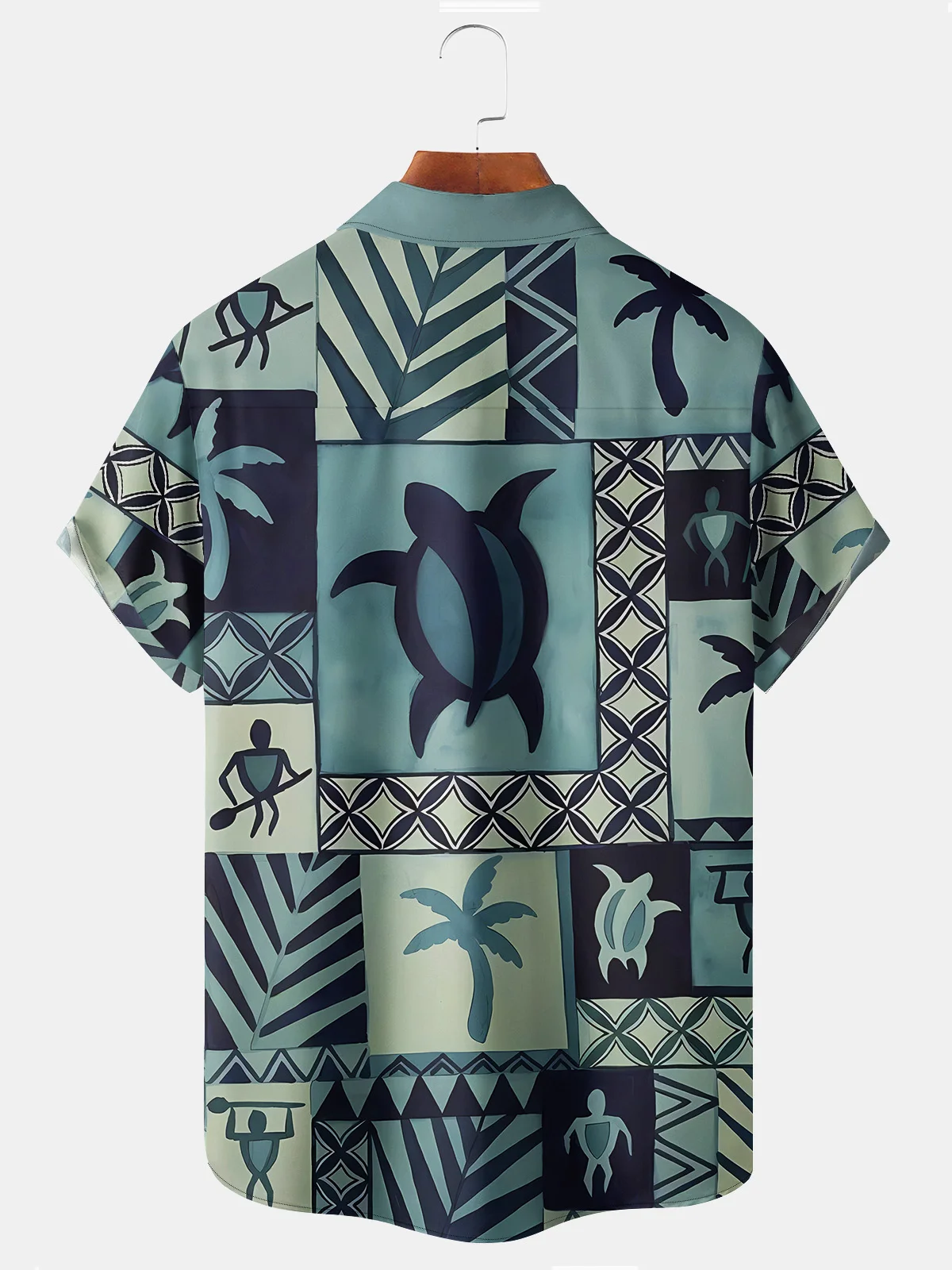 Royaura Beach Vacation Men's Green Hawaiian Shirts Sea Turtle TIKI Totem Art Stretch Plus Size Aloha Pocket Camp Shirts