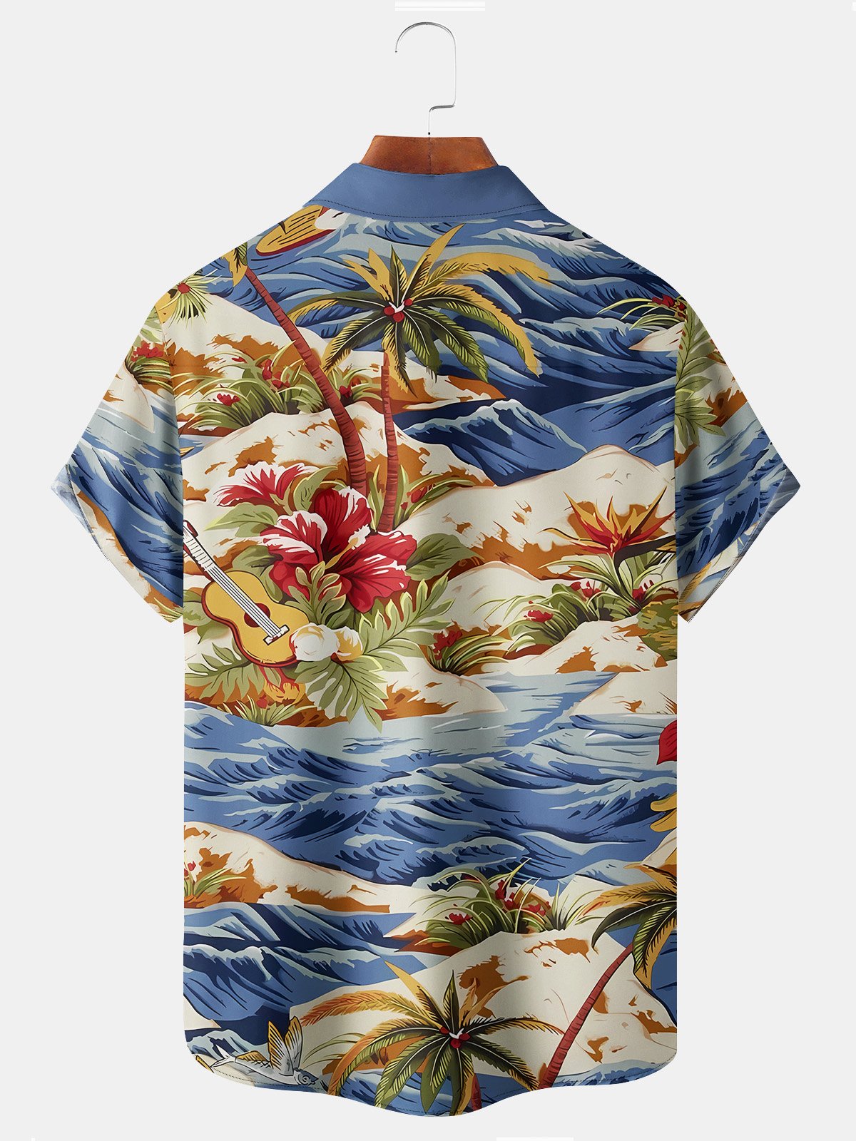 Royaura Beach Vacation Blue Men's Hawaiian Shirts Island Music Coconut Tree Guitar Cartoon Ocean Wave Art Plus Size Aloha Camp Pocket Shirts