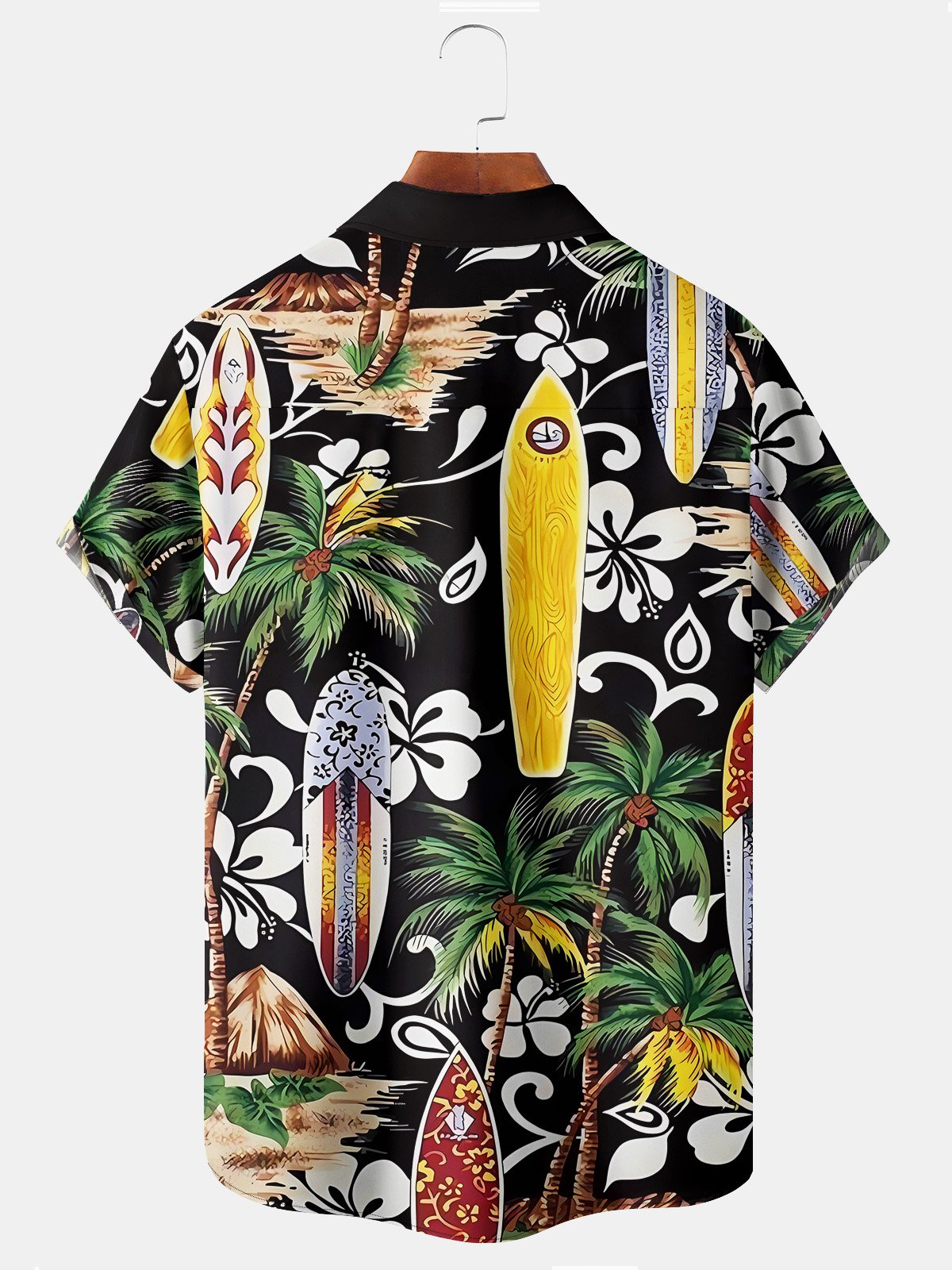 Royaura Beach Vacation Men's Black Hawaiian Shirts Coconut Tree Surfboard Art Stretch Plus Size Aloha Casual Camp Pocket Shirts