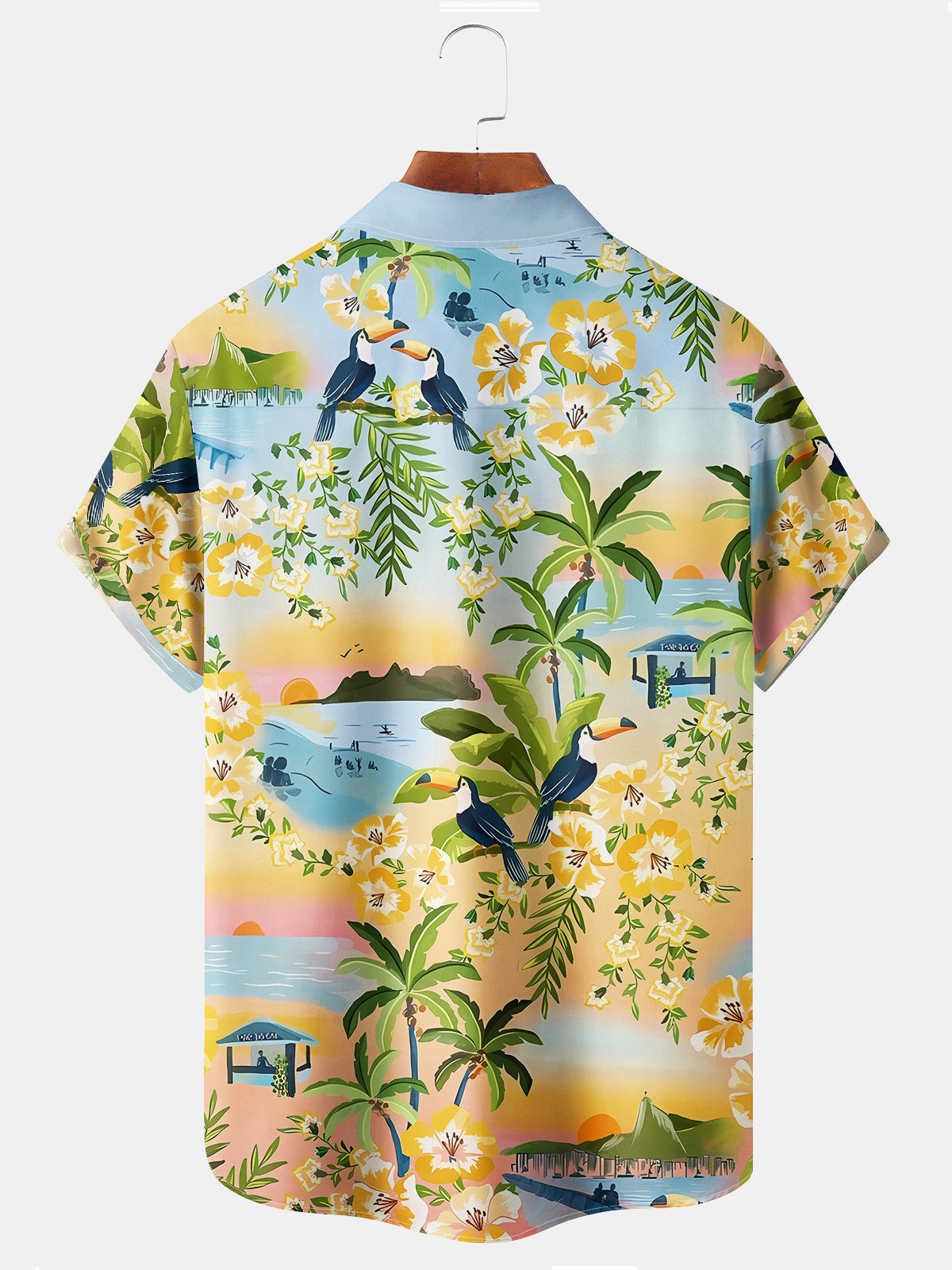 Royaura Beach Vacation Orange Men's Hawaiian Shirts Coconut Tree Cartoon Stretch Oversized Aloha Camp Pocket Shirts