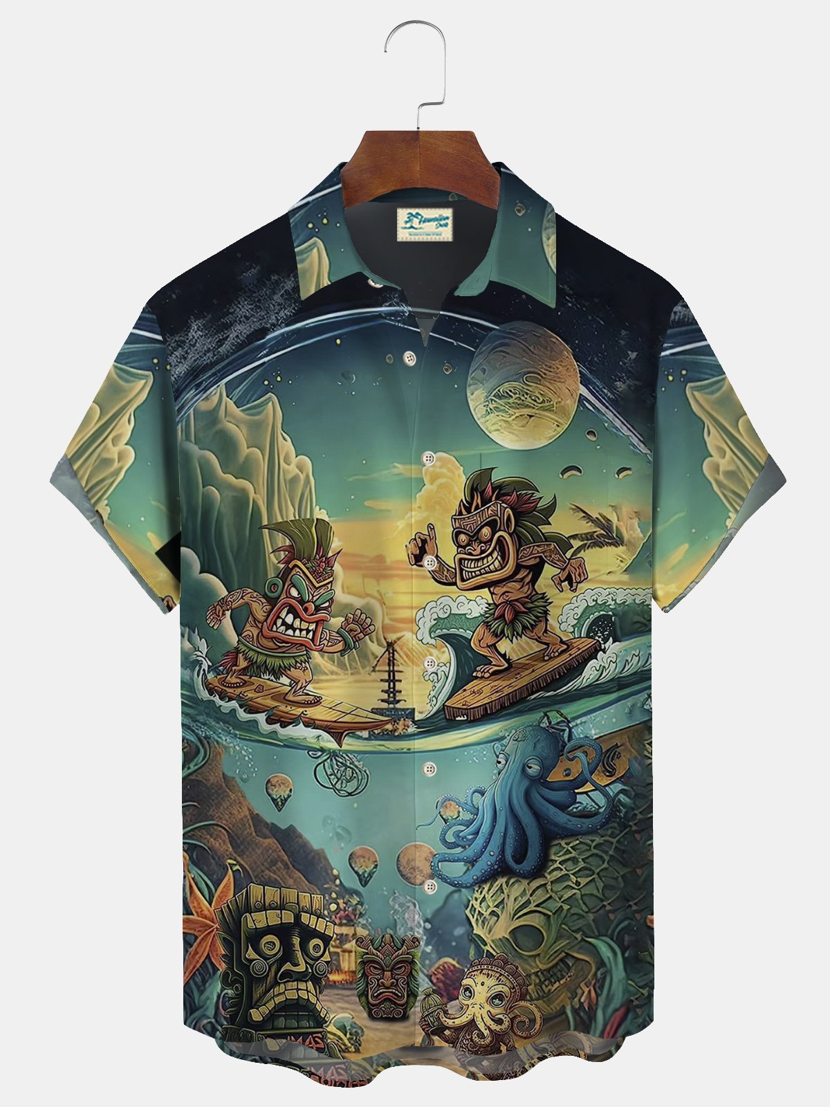 Royaura Surf TIKI Print Beach Men's Hawaiian Oversized Shirt with Pockets