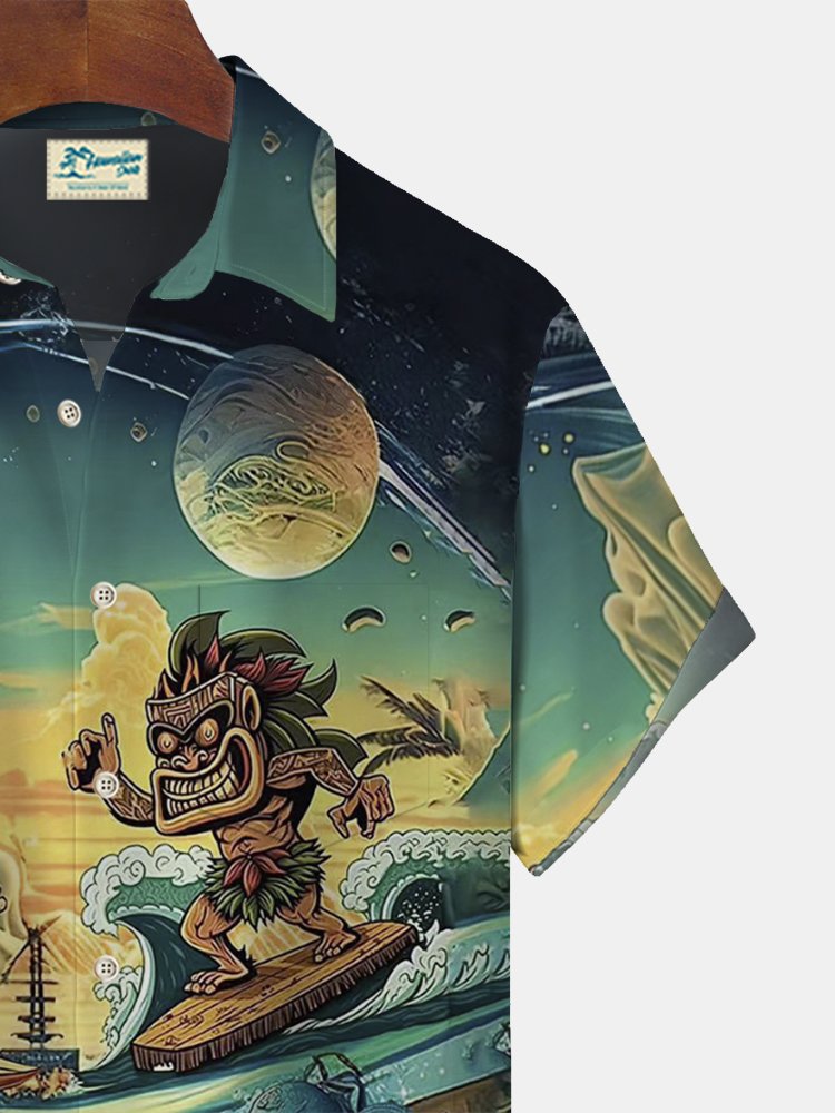 Royaura Surf TIKI Print Beach Men's Hawaiian Oversized Shirt with Pockets