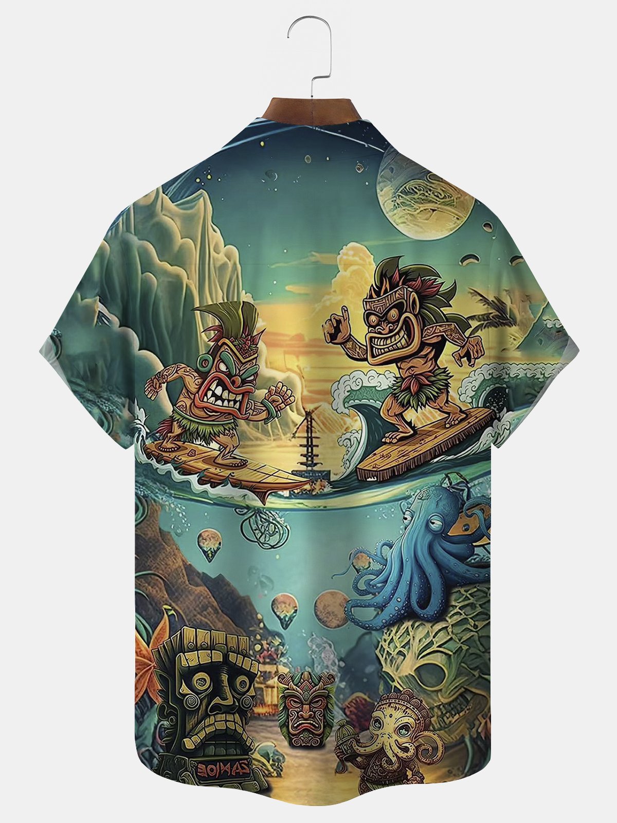 Royaura Surf TIKI Print Beach Men's Hawaiian Oversized Shirt with Pockets