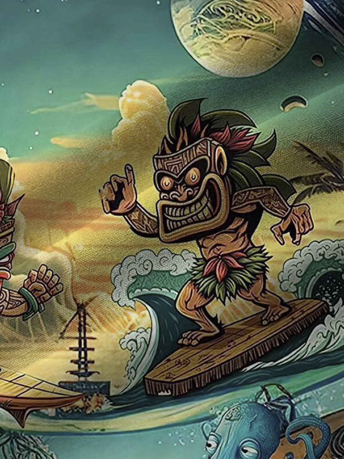 Royaura Surf TIKI Print Beach Men's Hawaiian Oversized Shirt with Pockets