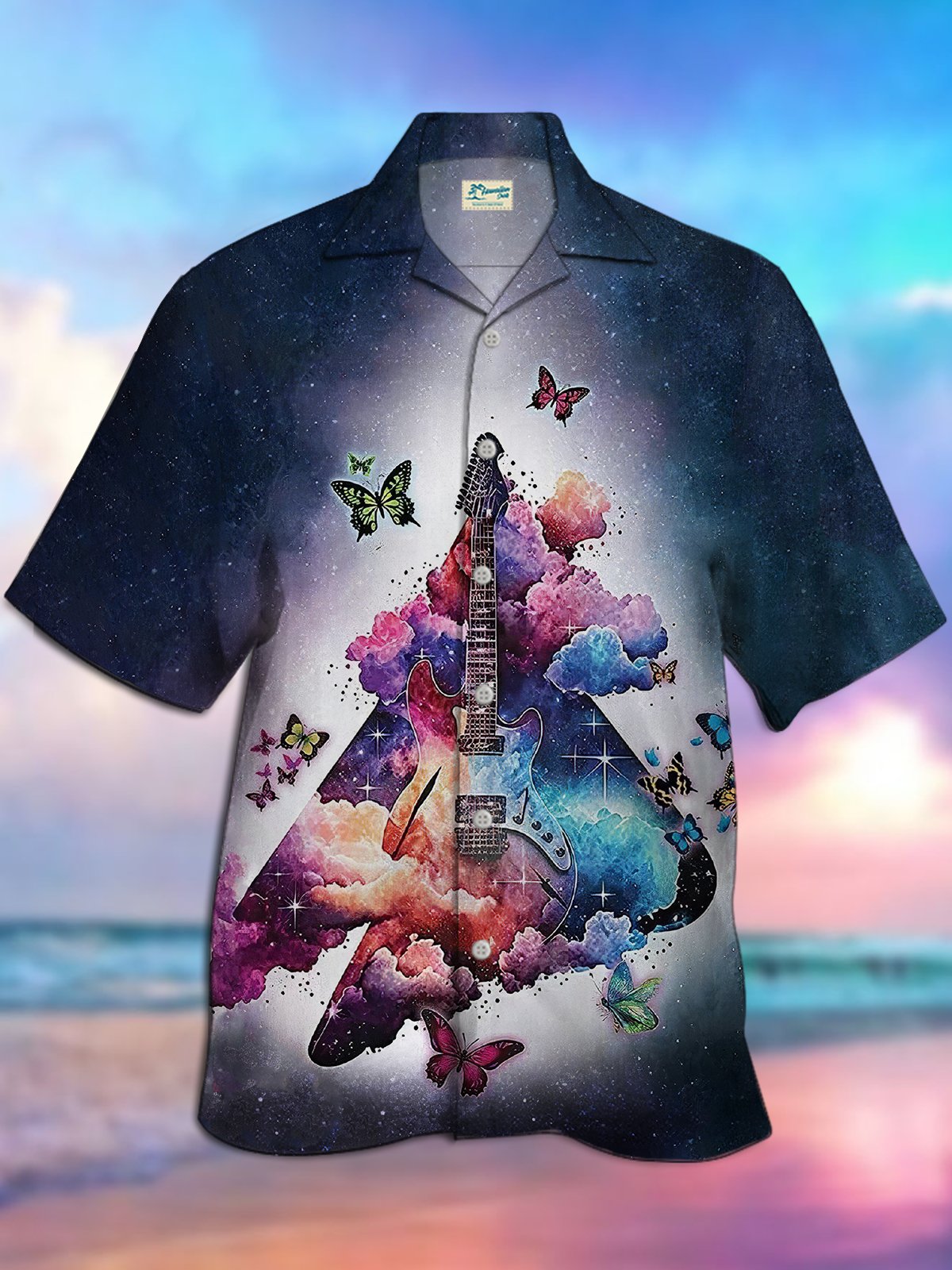 Royaura Gradient Guitar Butterfly Print Beach Men's Hawaiian Oversized Shirt
