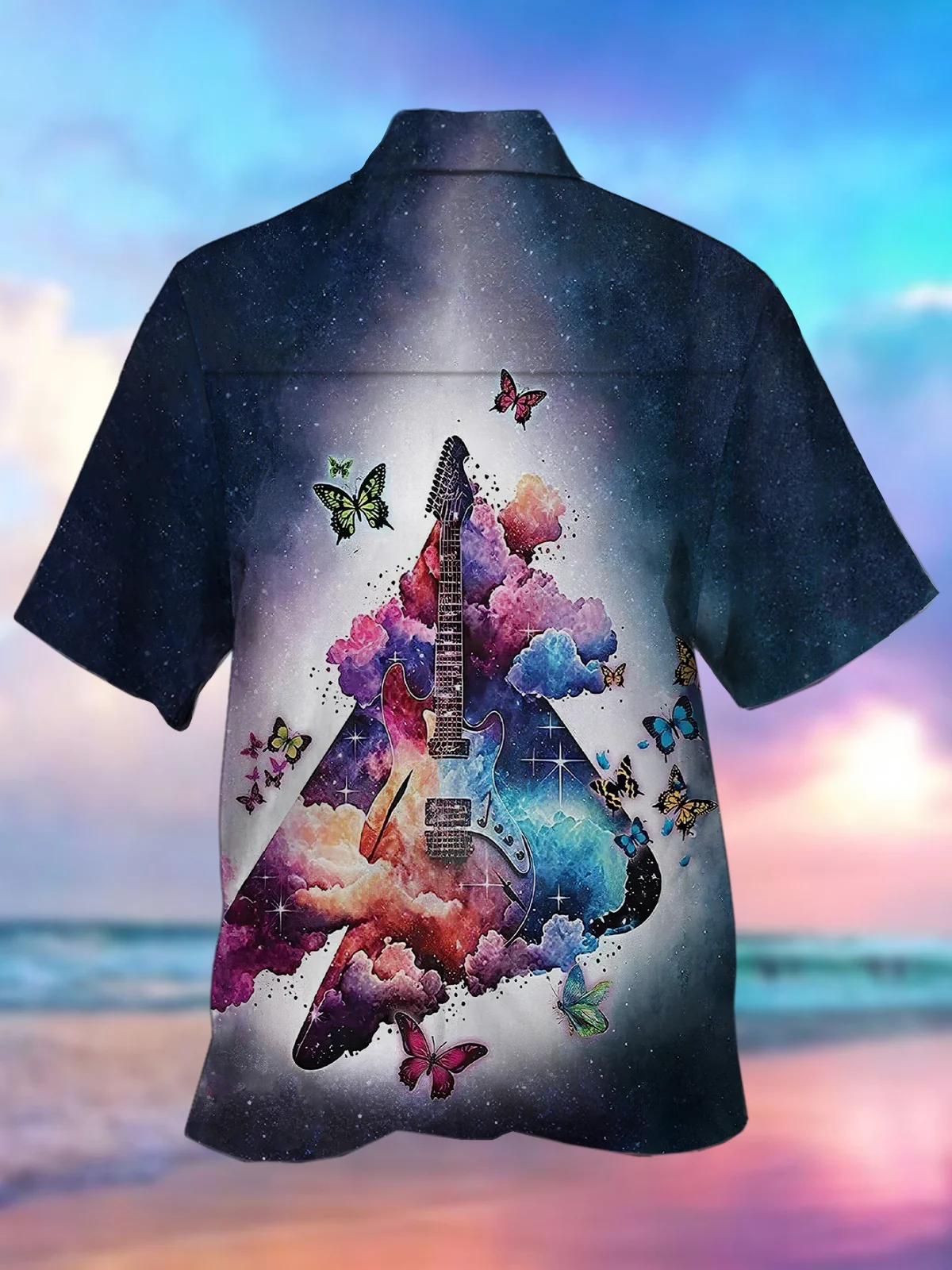 Royaura Gradient Guitar Butterfly Print Beach Men's Hawaiian Oversized Shirt