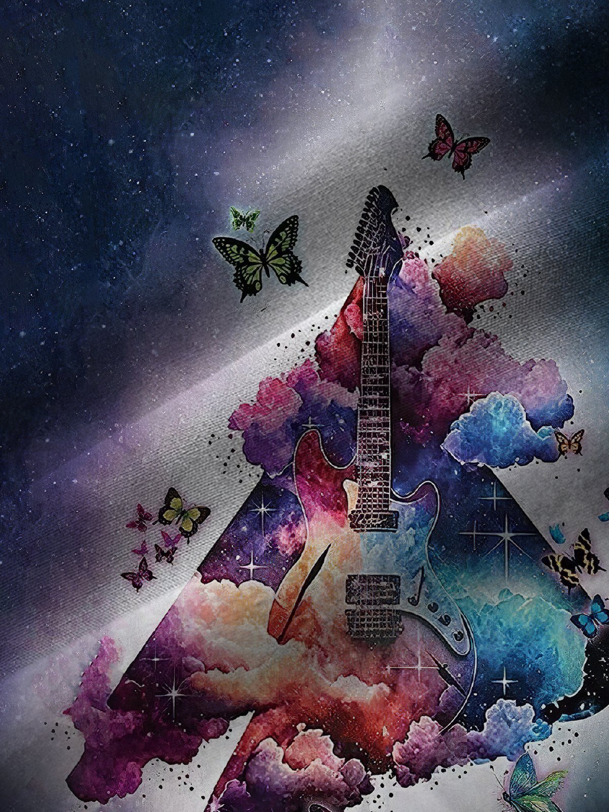 Royaura Gradient Guitar Butterfly Print Beach Men's Hawaiian Oversized Shirt