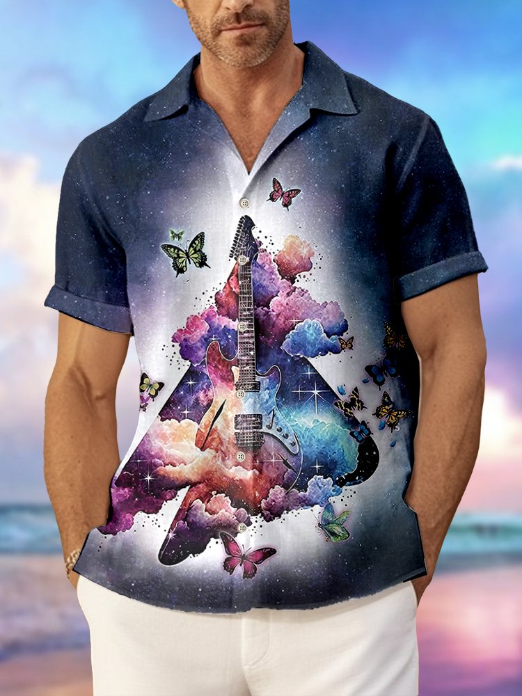 Royaura Gradient Guitar Butterfly Print Beach Men's Hawaiian Oversized Shirt