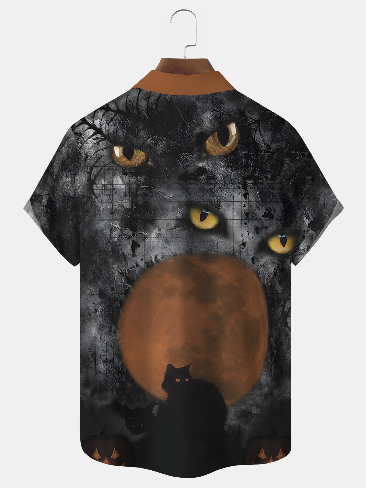 Royaura Black Cat Halloween Print Men's Hawaiian Oversized Shirt with Pockets