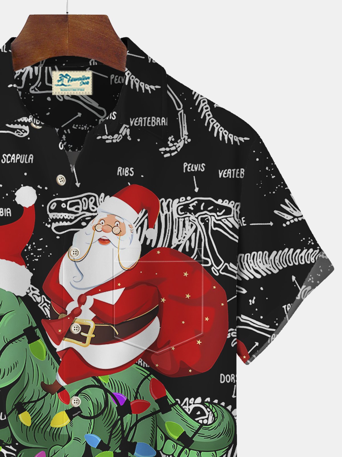 Royaura Christmas Santa Dinosaur Print Beach Men's Hawaiian Oversized Short Sleeve Shirt with Pockets