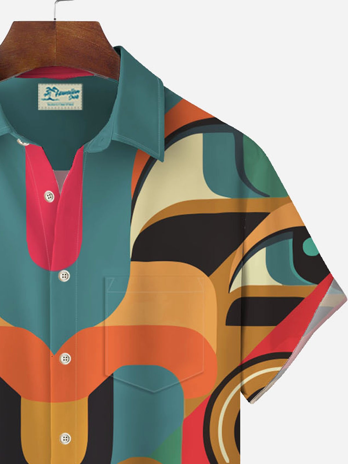 Royaura Hawaiian TIKI Color Block Print Men's Button Pocket Short Sleeve Shirt