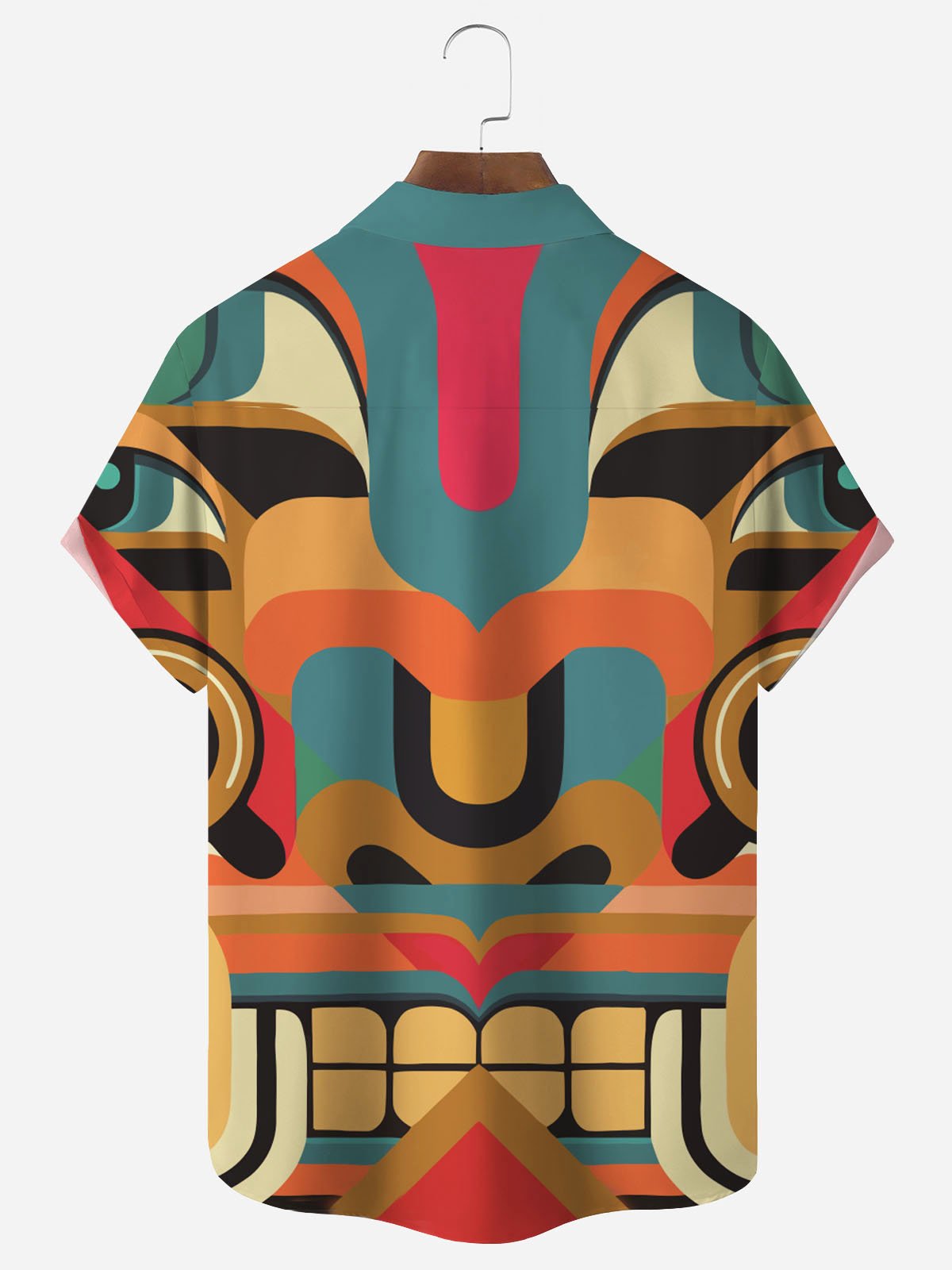 Royaura Hawaiian TIKI Color Block Print Men's Button Pocket Short Sleeve Shirt