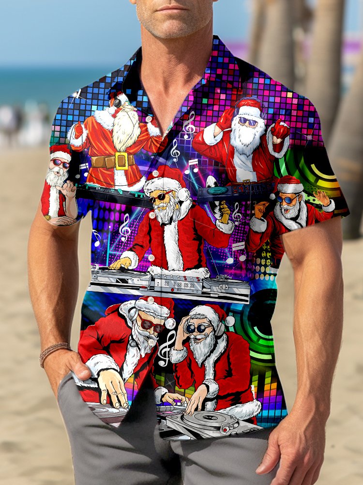 Royaura Christmas Santa Dj Disc Jockey Print Beach Men's Hawaiian Oversized Shirt with Pockets