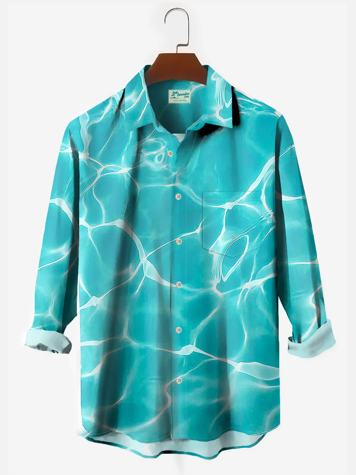 Royaura Hawaiian Water Ripple Green Print Men's Button Down Pocket Long Sleeve Shirt