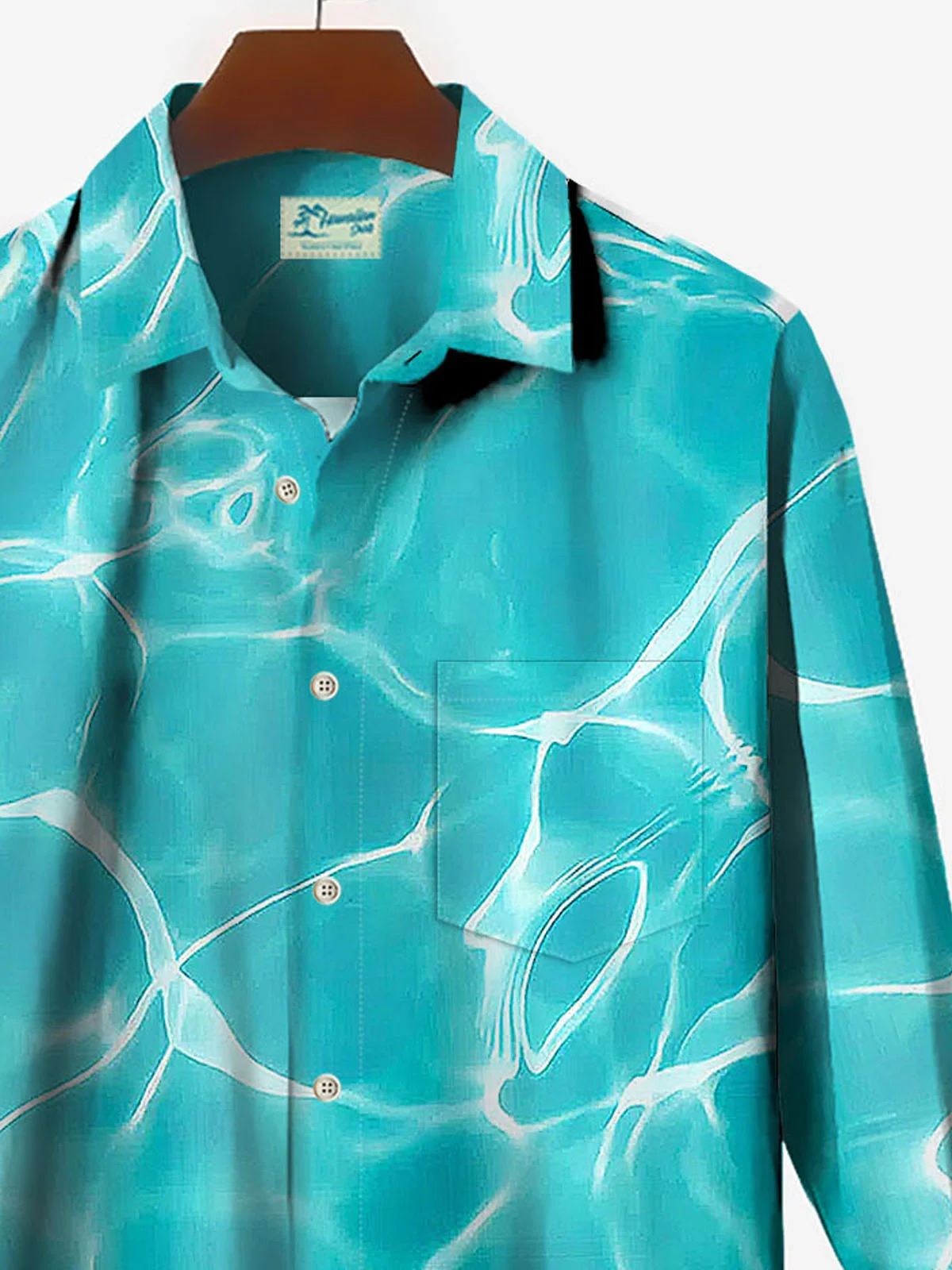 Royaura Hawaiian Water Ripple Green Print Men's Button Down Pocket Long Sleeve Shirt