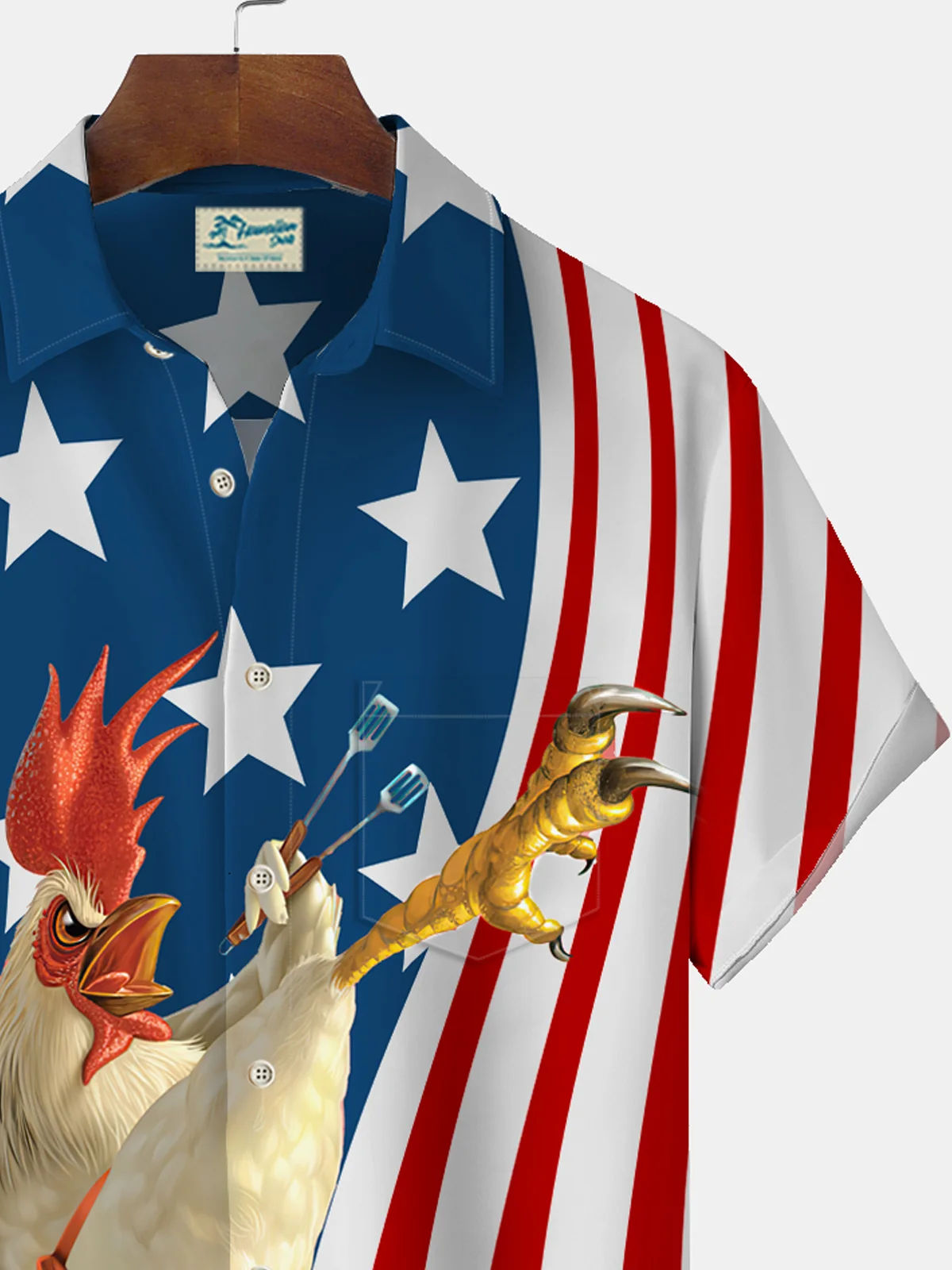 Royaura Vintage Kung Fu Chicken Flag Print Men's Button Pocket Shirt