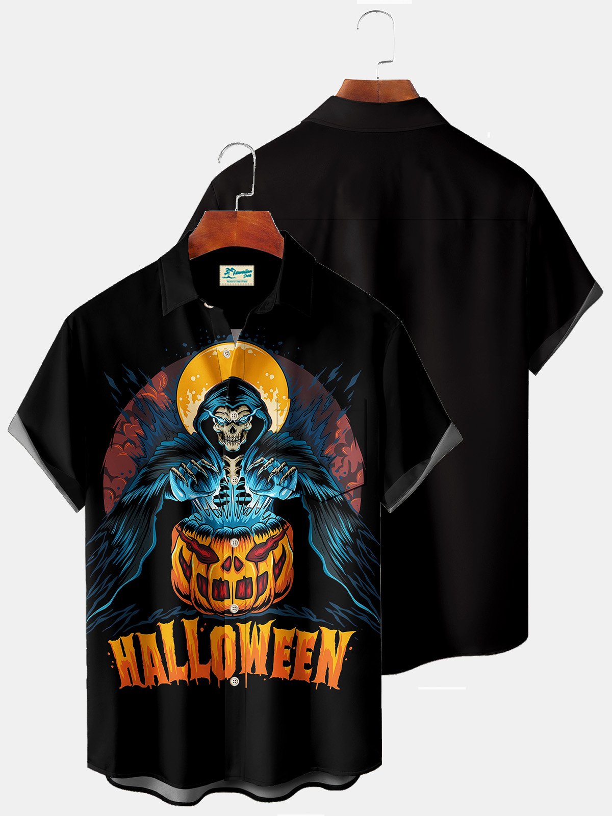 Royaura Casual Halloween Men's Black Hawaiian Shirts Holiday Cartoon Witch Pumpkin Skull Stretch Oversized Aloha Shirts
