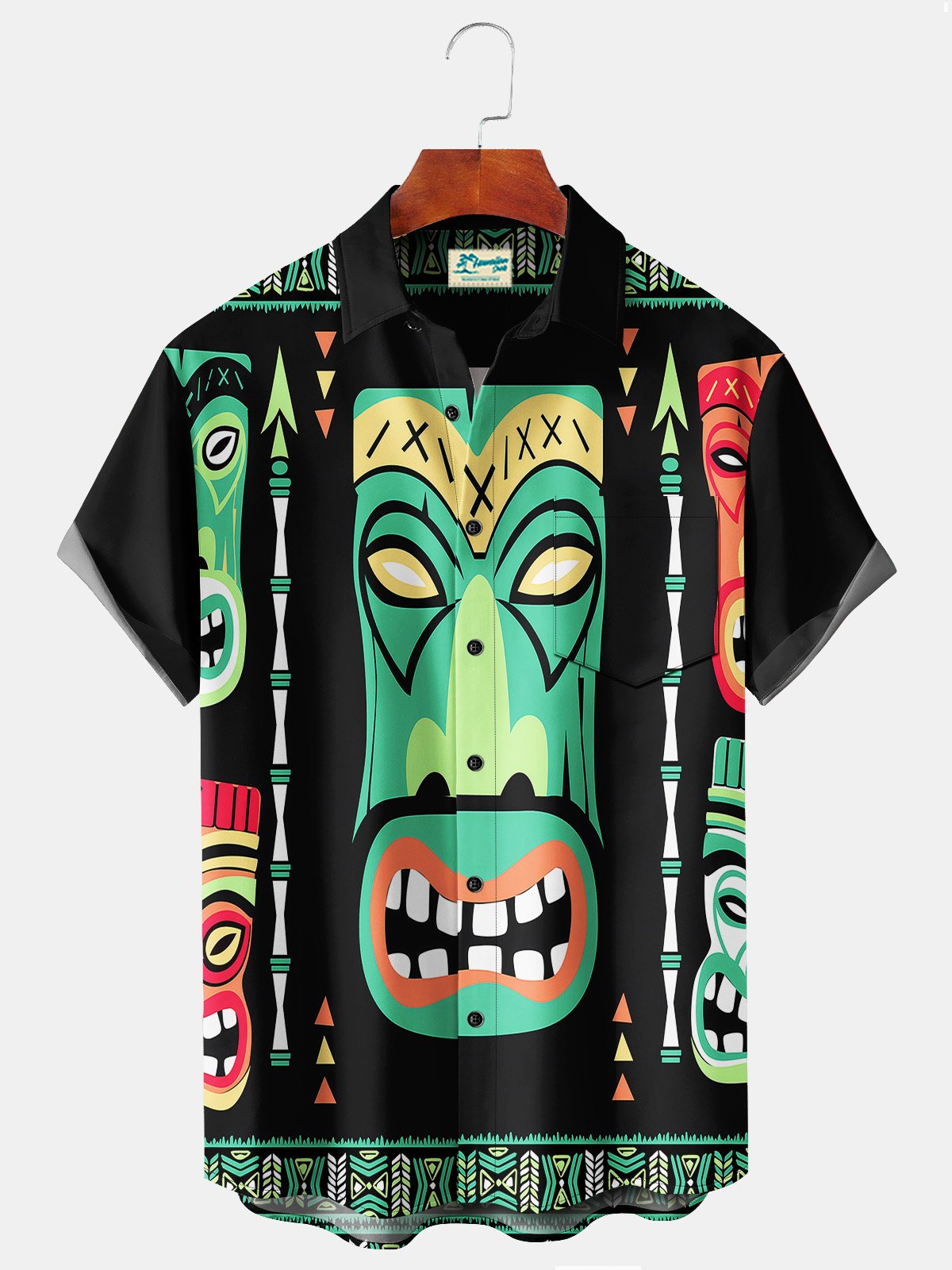 Royaura Casual Vintage TIKI Cartoon Totem Black Men's Hawaiian Shirts Stretch Plus Size Art Aloha Camp Pocket Shirts