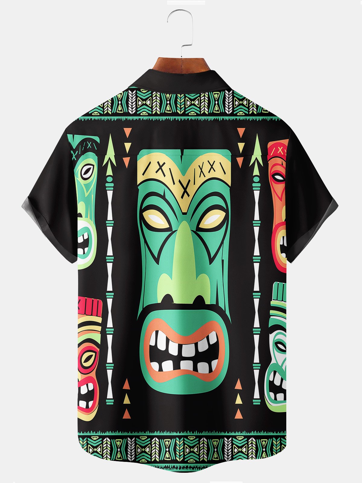 Royaura Casual Vintage TIKI Cartoon Totem Black Men's Hawaiian Shirts Stretch Plus Size Art Aloha Camp Pocket Shirts