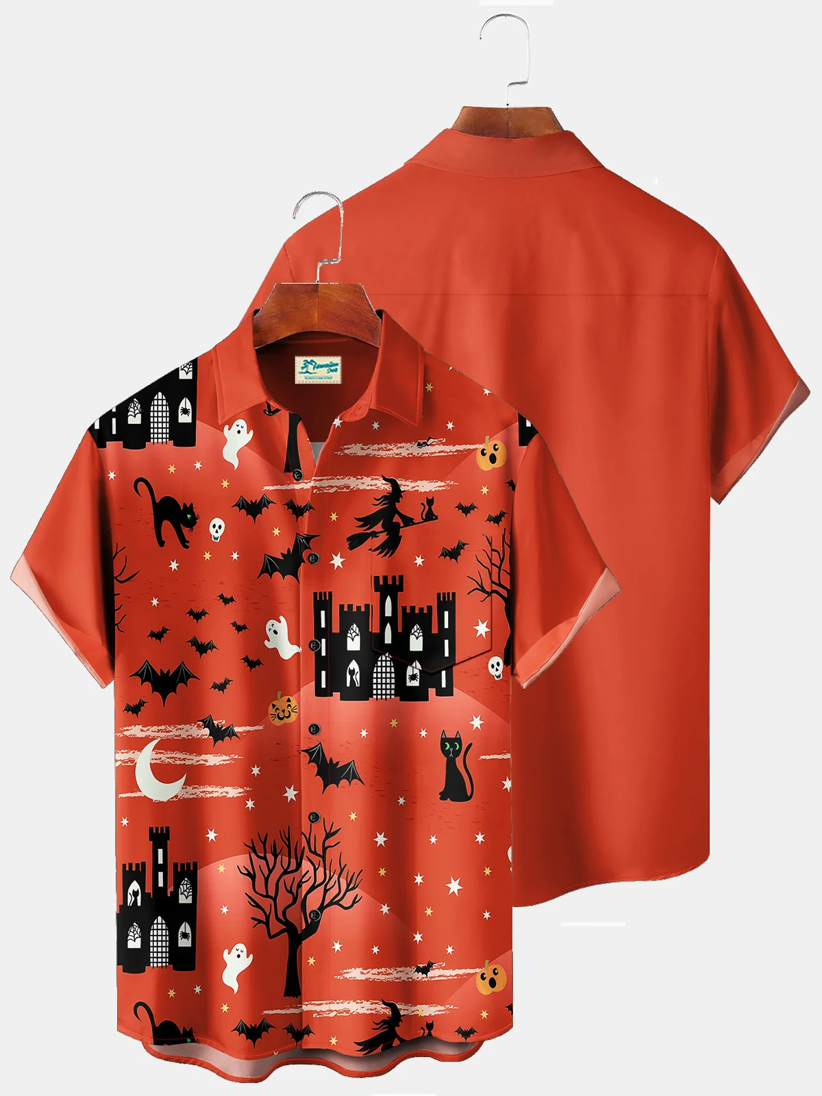 Royaura Vintage Halloween Holiday Men's Shirts Cartoon Bat Witch Art Stretch Plus Size Aloha Camp Shirts