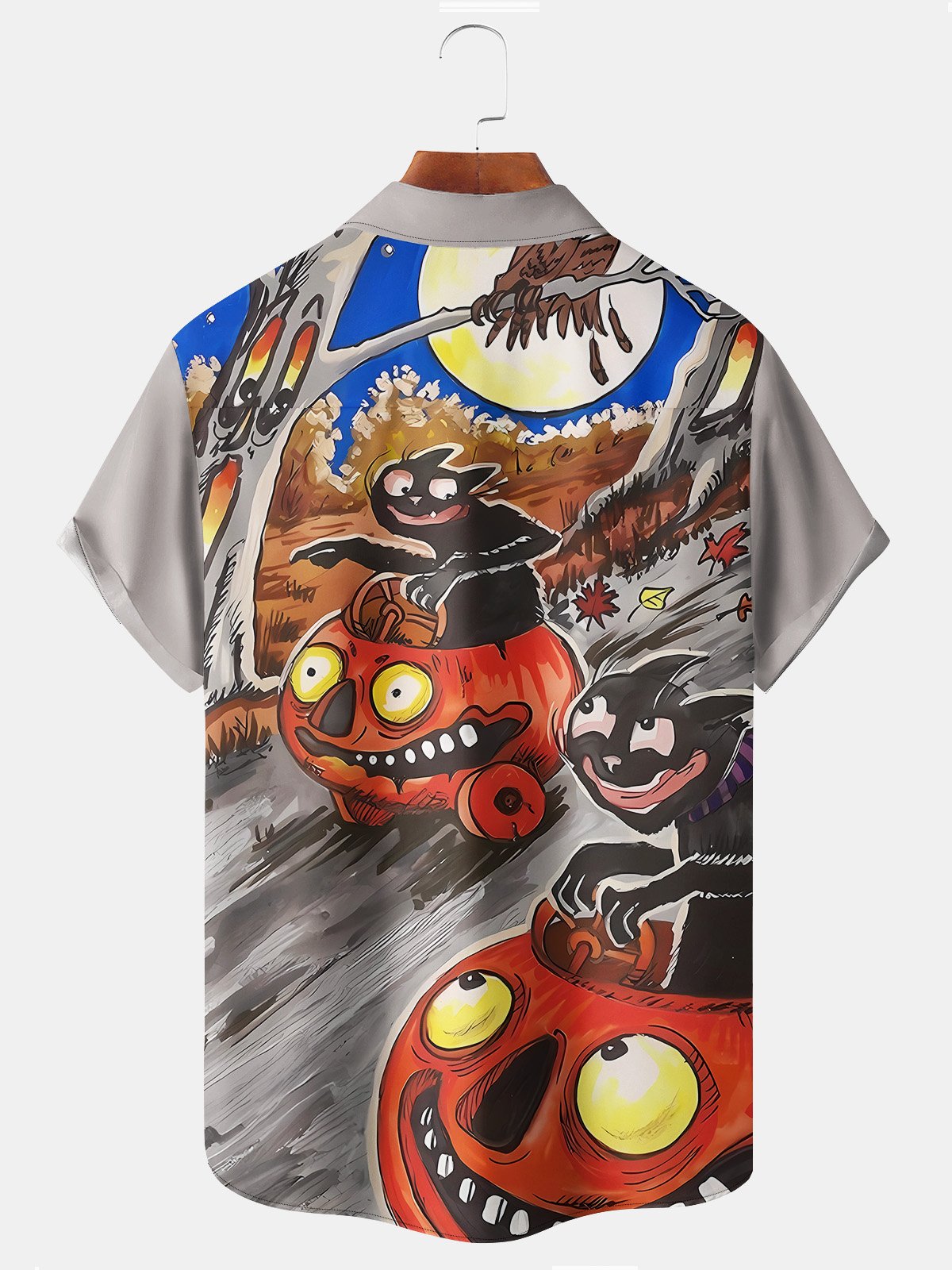 Royaura Men's Casual Halloween Camp Shirts Festival Cartoon Witch Pumpkin Stretch Plus Size Aloha Hawaiian Shirts