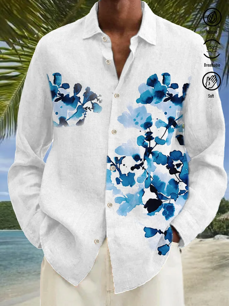 Royaura® Cotton Linen Nature  Fiber Shirt Floral Print Casual Men's Hawaii Vacation Oversized Long Sleeve Shirt
