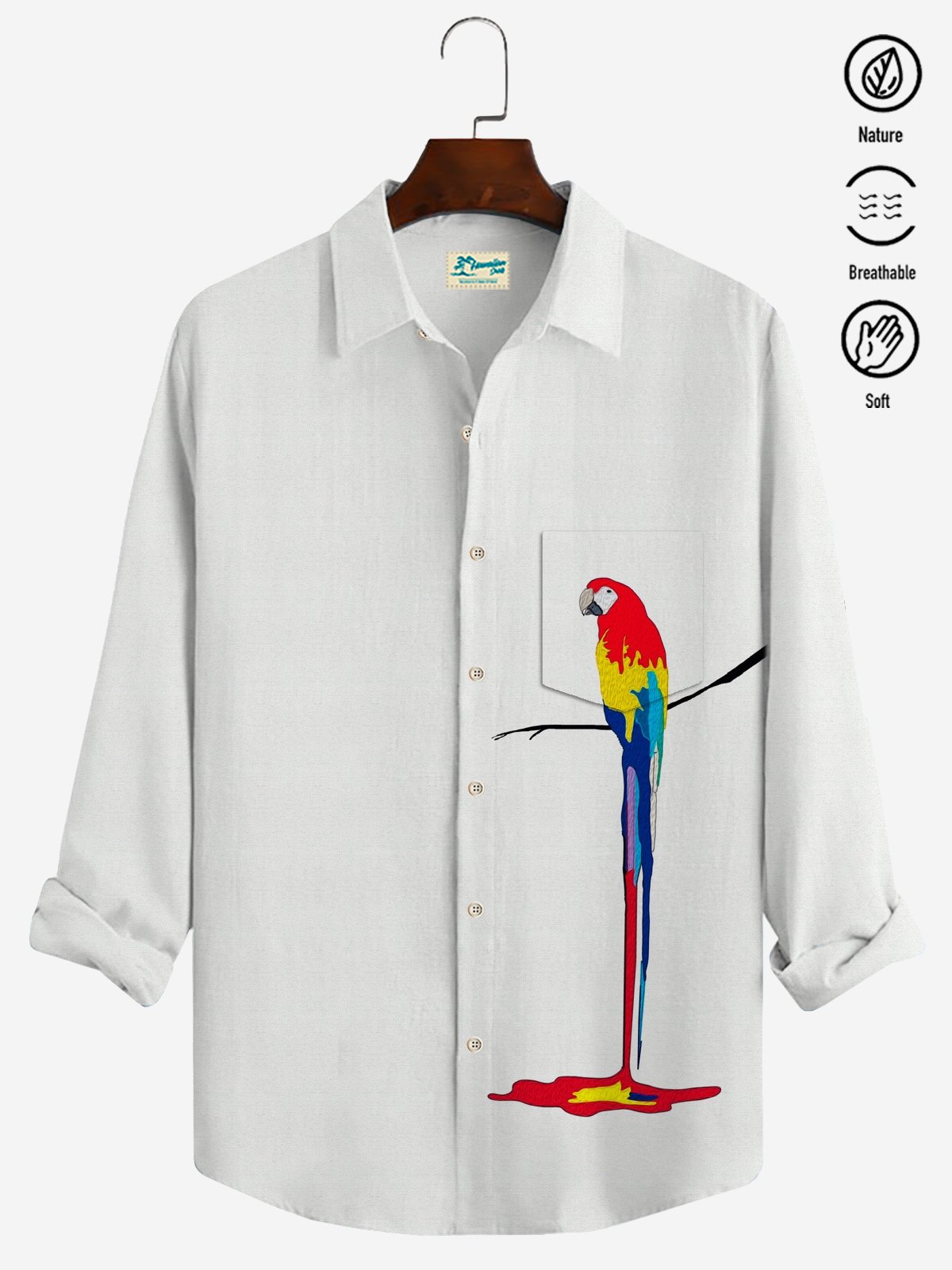 Royaura Parrot Print Casual Men's Hawaiian Vacation Oversized Long Sleeve Shirt