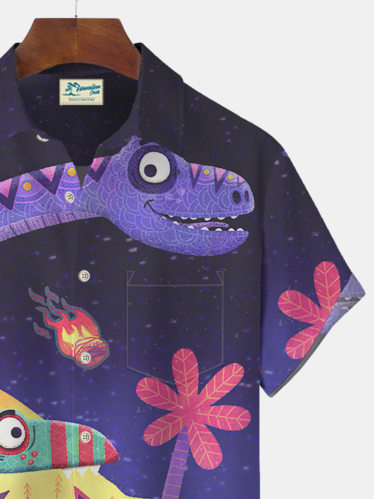 Royaura Dinosaur Cartoon Print Beach Men's Hawaiian Oversized Short Sleeve Shirt with Pockets