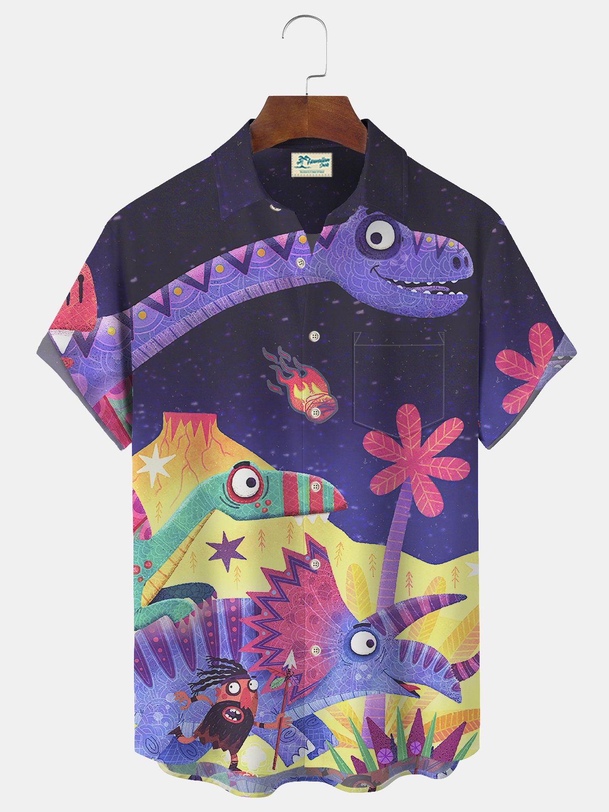 Royaura Dinosaur Cartoon Print Beach Men's Hawaiian Oversized Short Sleeve Shirt with Pockets