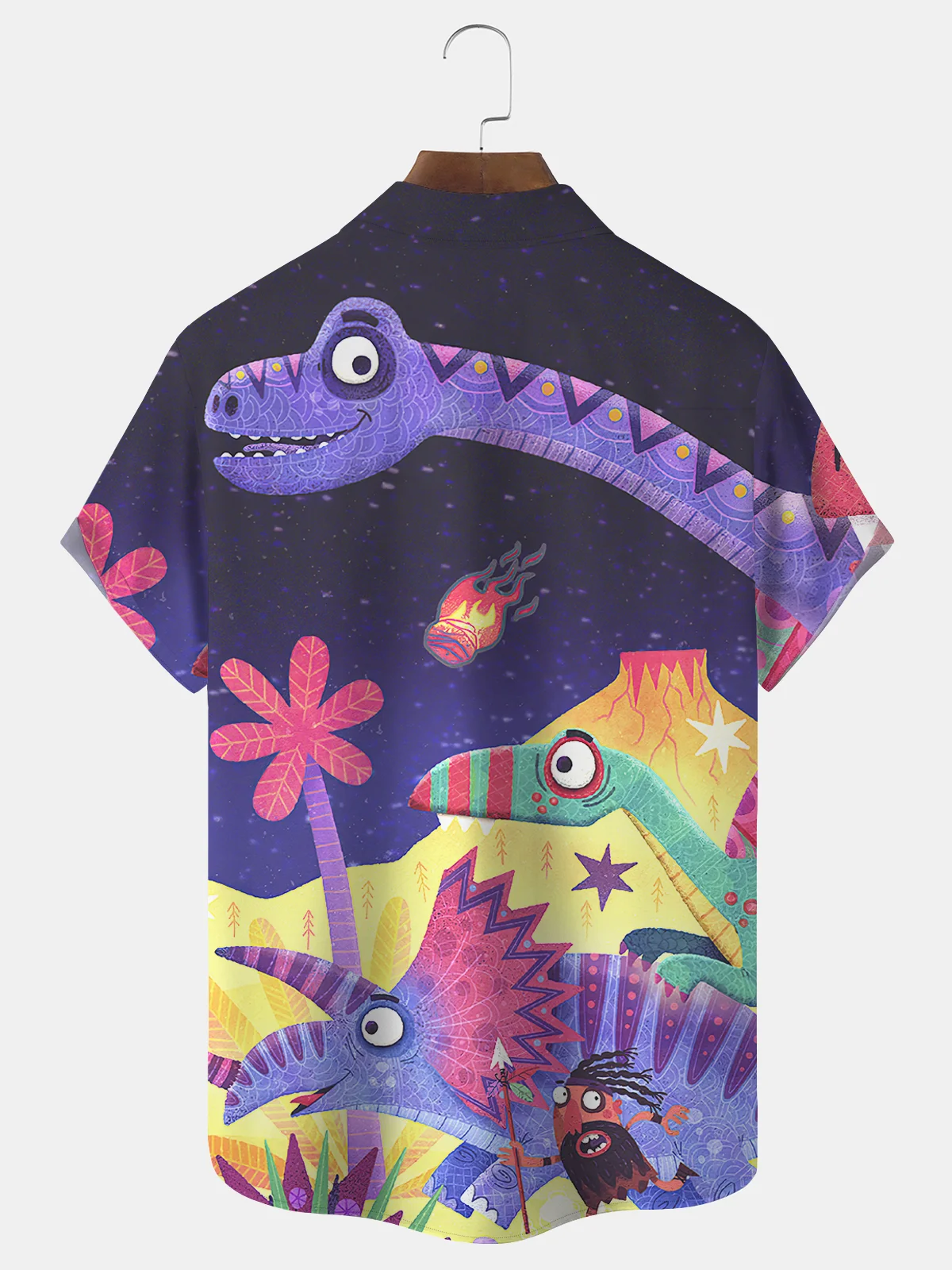 Royaura Dinosaur Cartoon Print Beach Men's Hawaiian Oversized Short Sleeve Shirt with Pockets