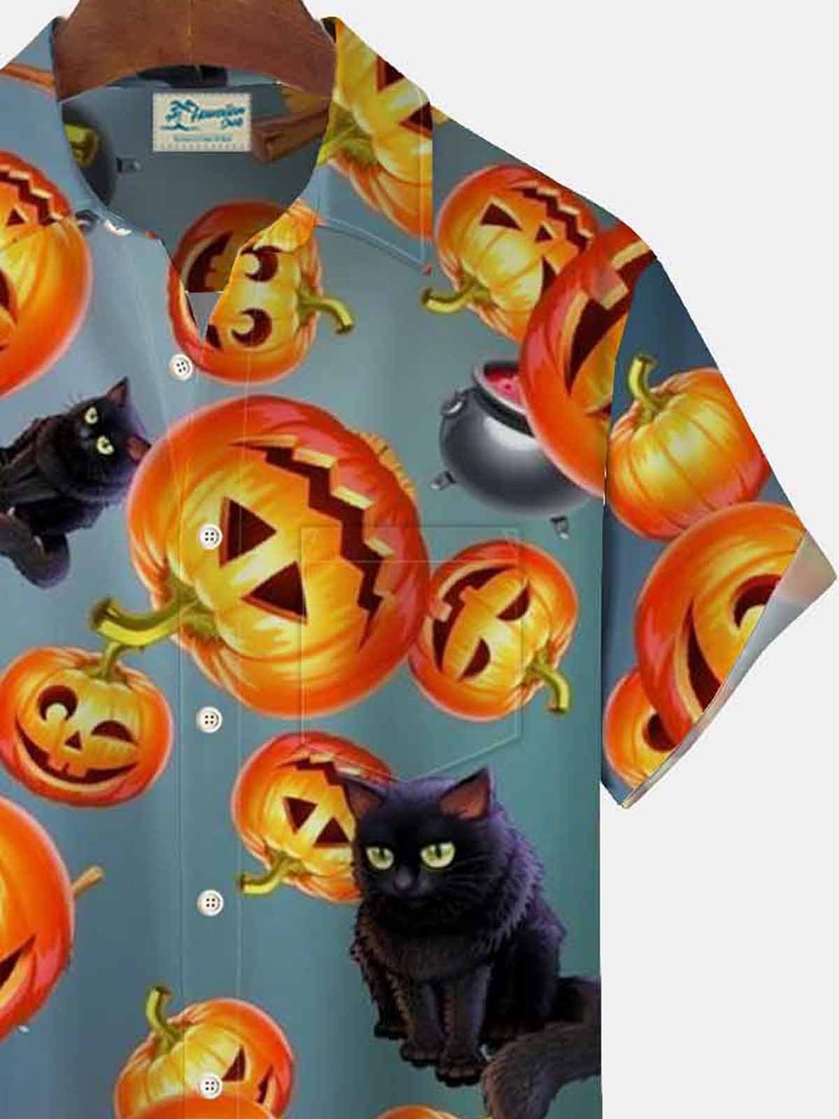Royaura Halloween Pumpkin Cat Print Men's Button Pocket Short Sleeve Shirt