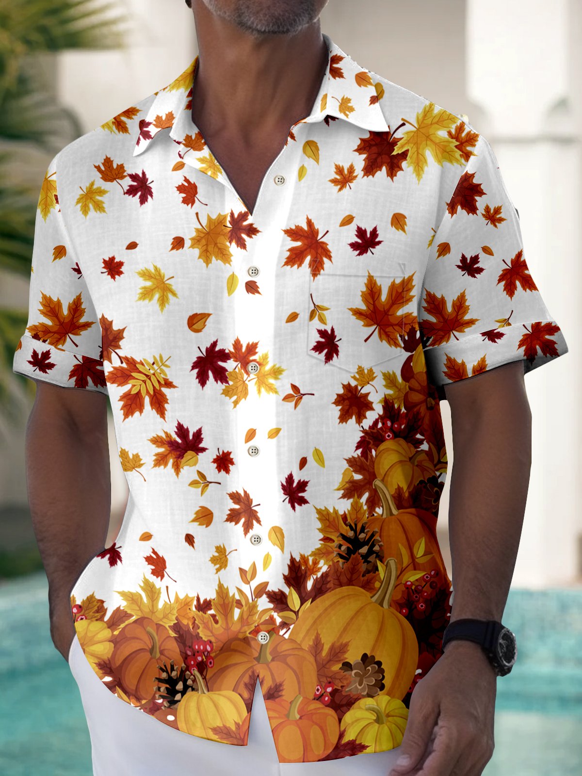 Royaura Thanksgiving Pumpkins And Autumn Leaves Print  Men's Hawaiian Oversized Shirt with Pockets