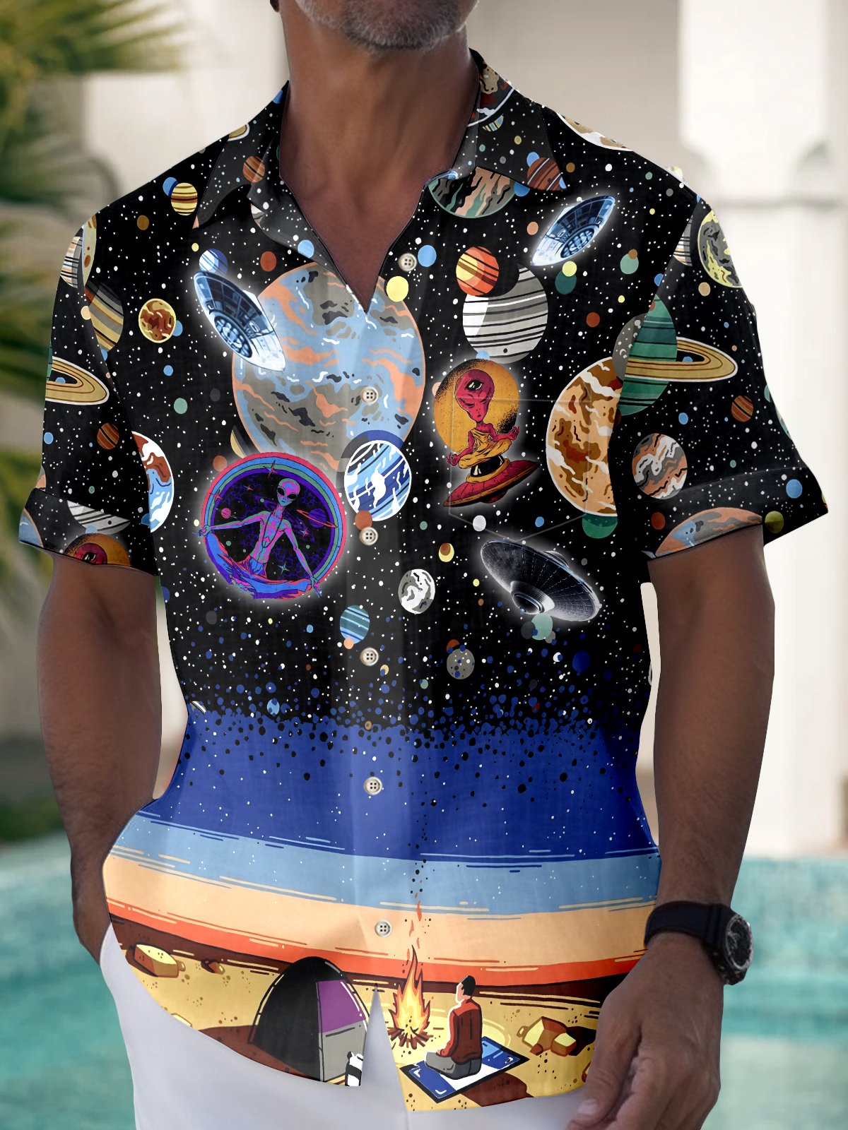Royaura Alien Ufo  Camping With Ufo Galaxy Print  Men's Hawaiian Oversized Shirt with Pockets