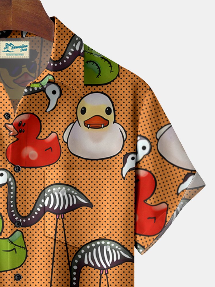 Royaura Halloween Ducksl Print  Men's Hawaiian Oversized Shirt with Pockets