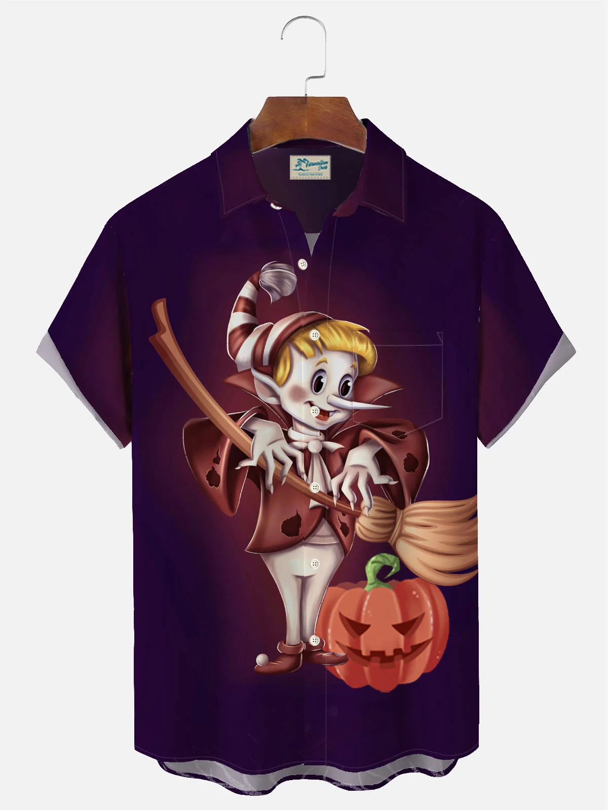 Royaura Halloween Witch Pumpkin Gradient Print Men's Button Pocket Short Sleeve Shirt